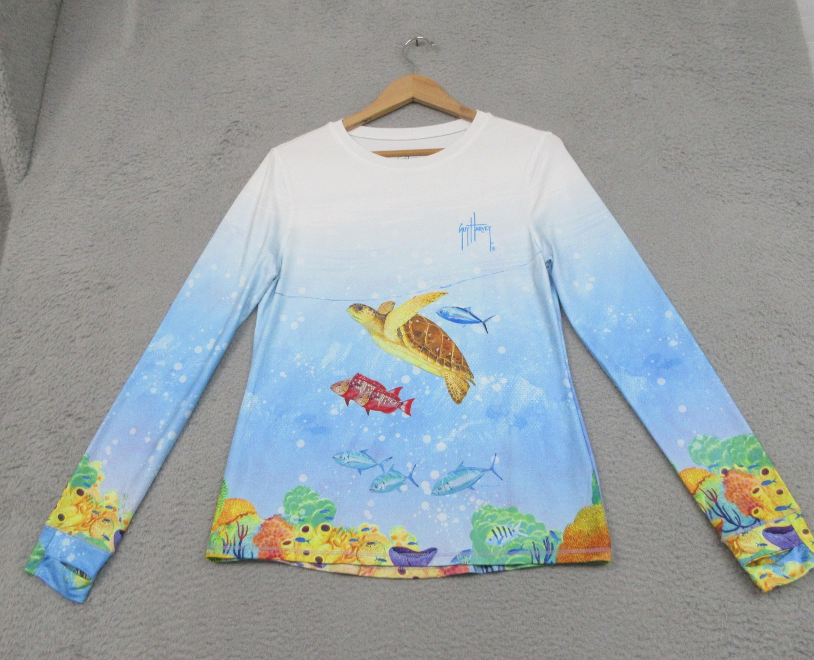 Guy Harvey Shirt Womens Medium Blue Ocean Sea Turtle Fish Graphic Long Sleeve