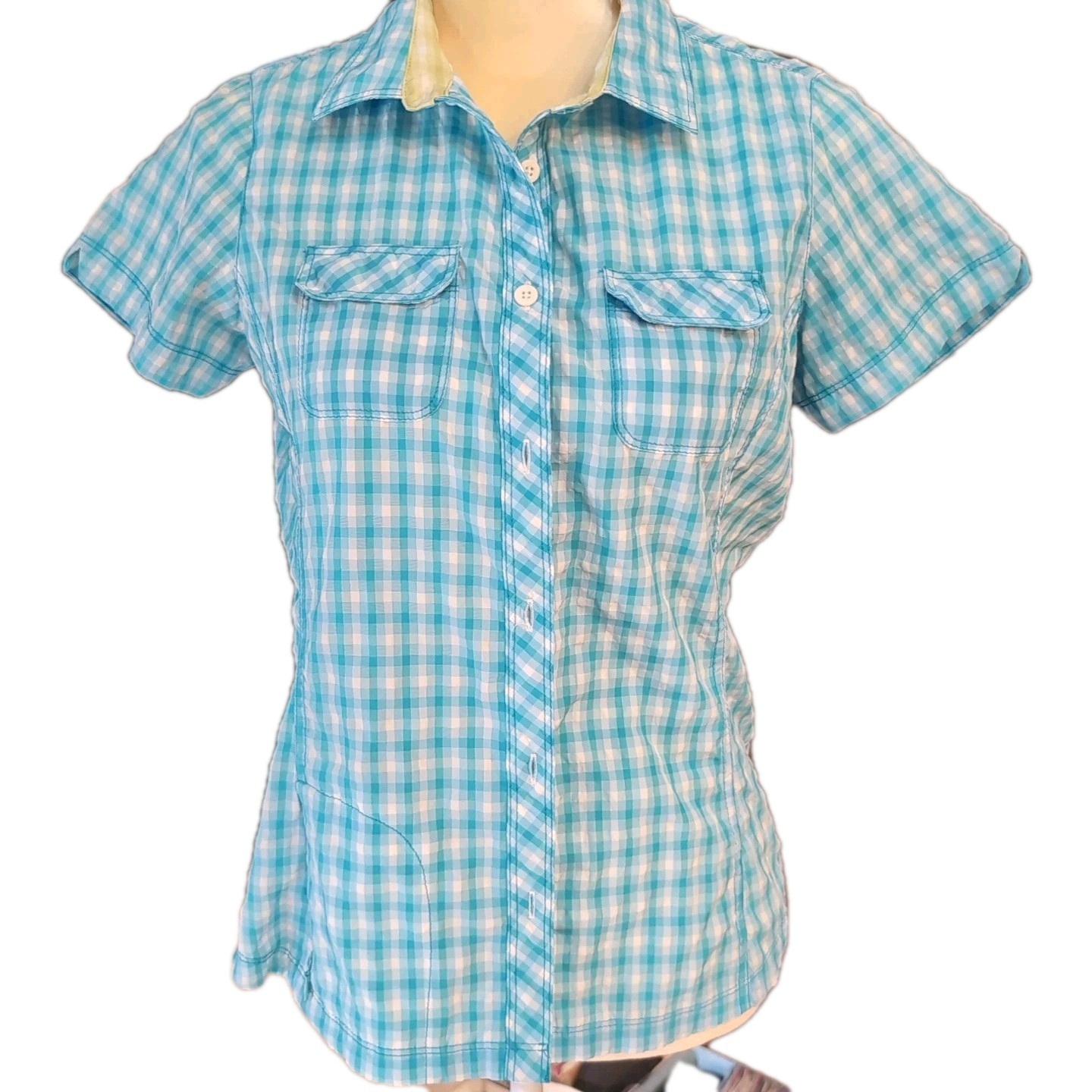 NWOT Eddie Bauer Women Petite Size S Button Up Collared Shirt Blue Checker Dri