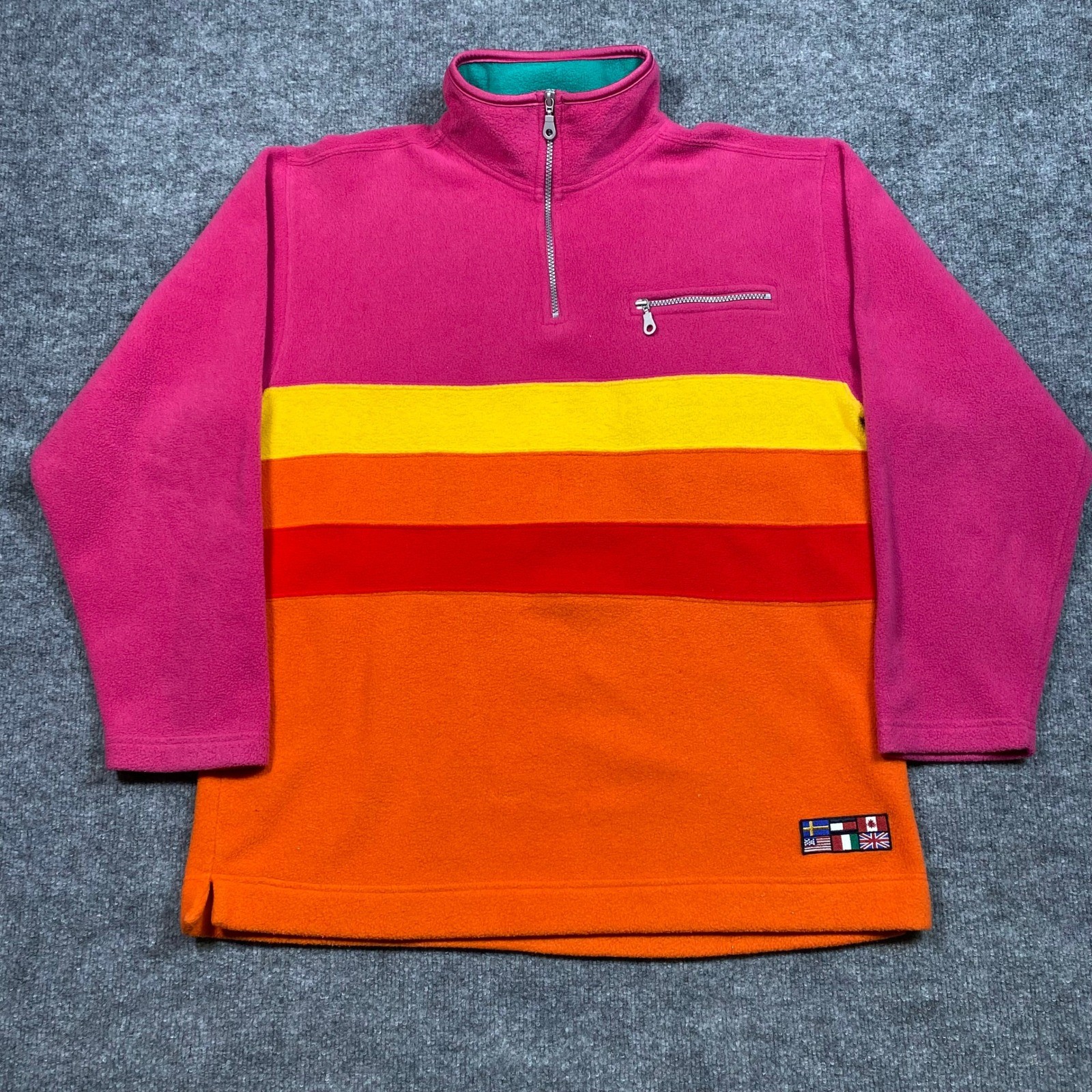 Vintage Garland Sport Fleece Pullover Pink Orange Colorblock Flag 1X Quarter Zip