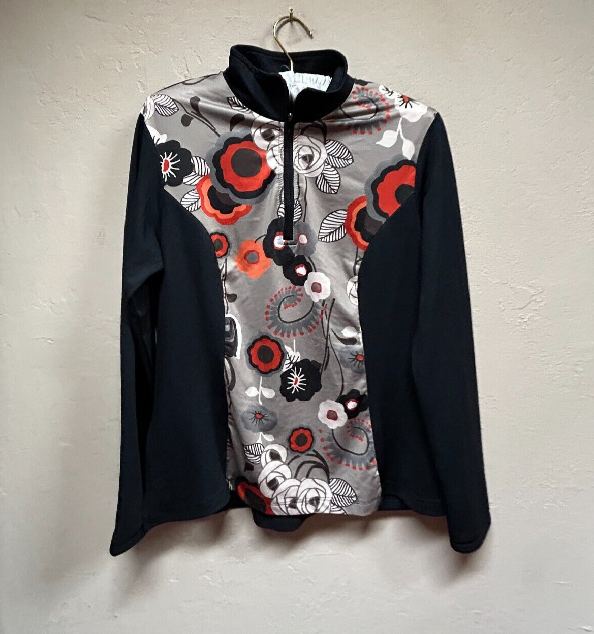 Iconic Womens Floral Print 1/4 Zip Pullover Active Shirt Size 10 Black Red Sport