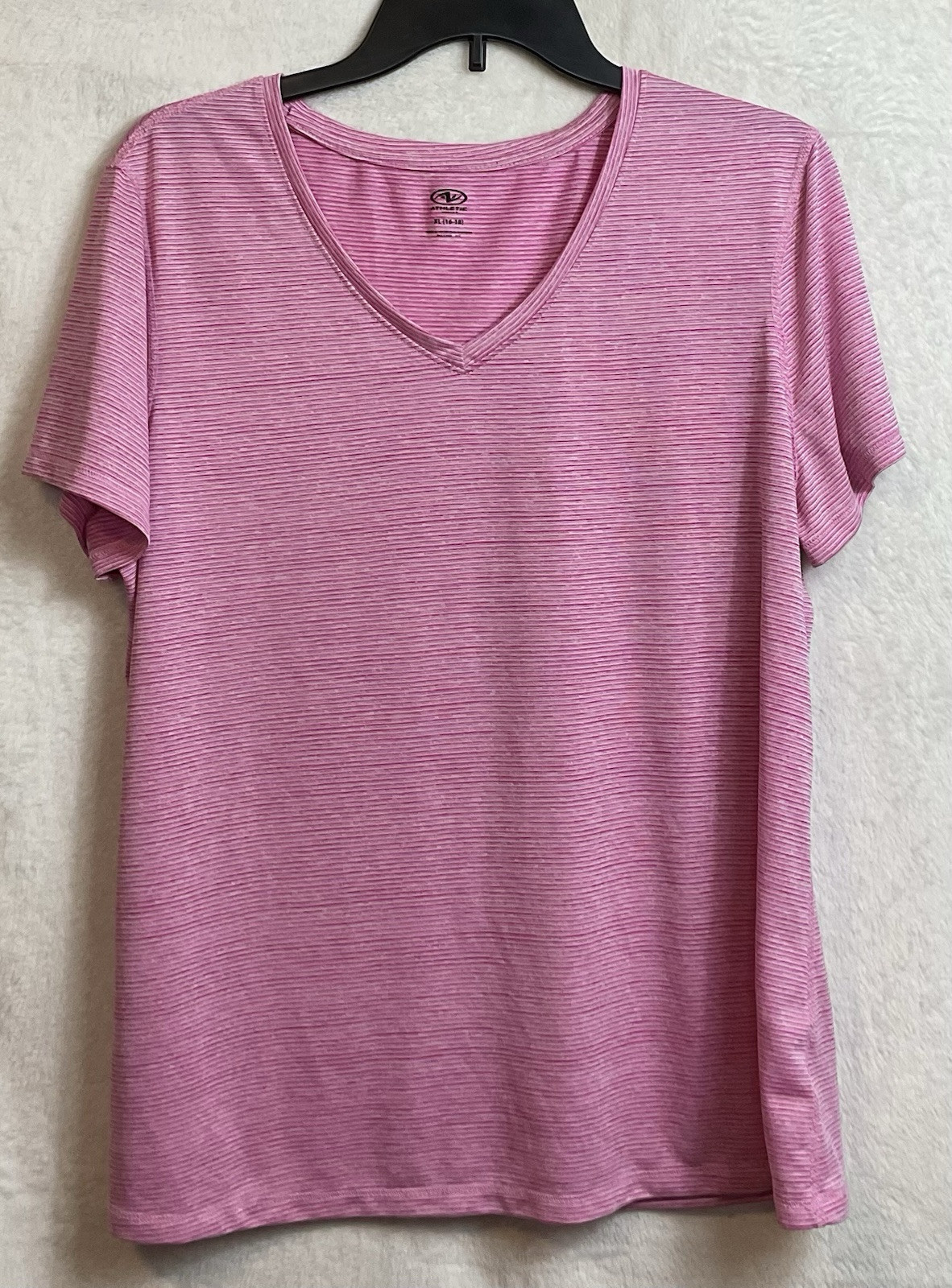 Athletic Works Pink Stripe Short Sleeve V-Neck Jersey Top Size XL (16-18)