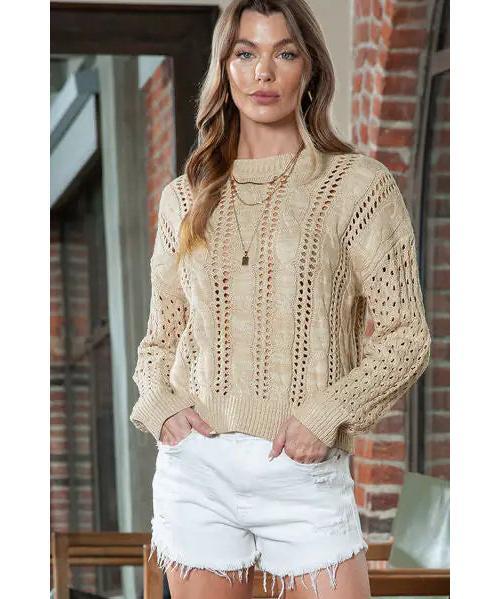 Full Size Openwork Cable-Knit Round Neck Knit Top-