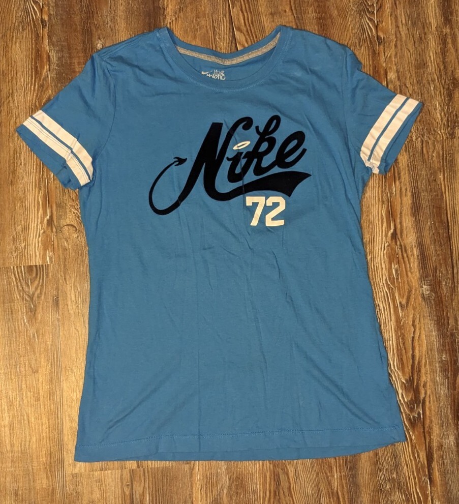 Nike The Athletic Dept slim fit throwback 72 blue T shirt velvet logo womens 4