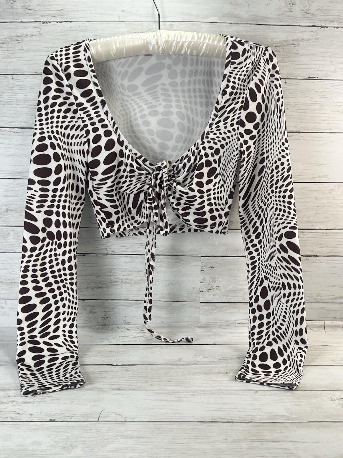 Womens Crop Top Brown White Polka Dot Long Sleeve V-Neck Stretch M