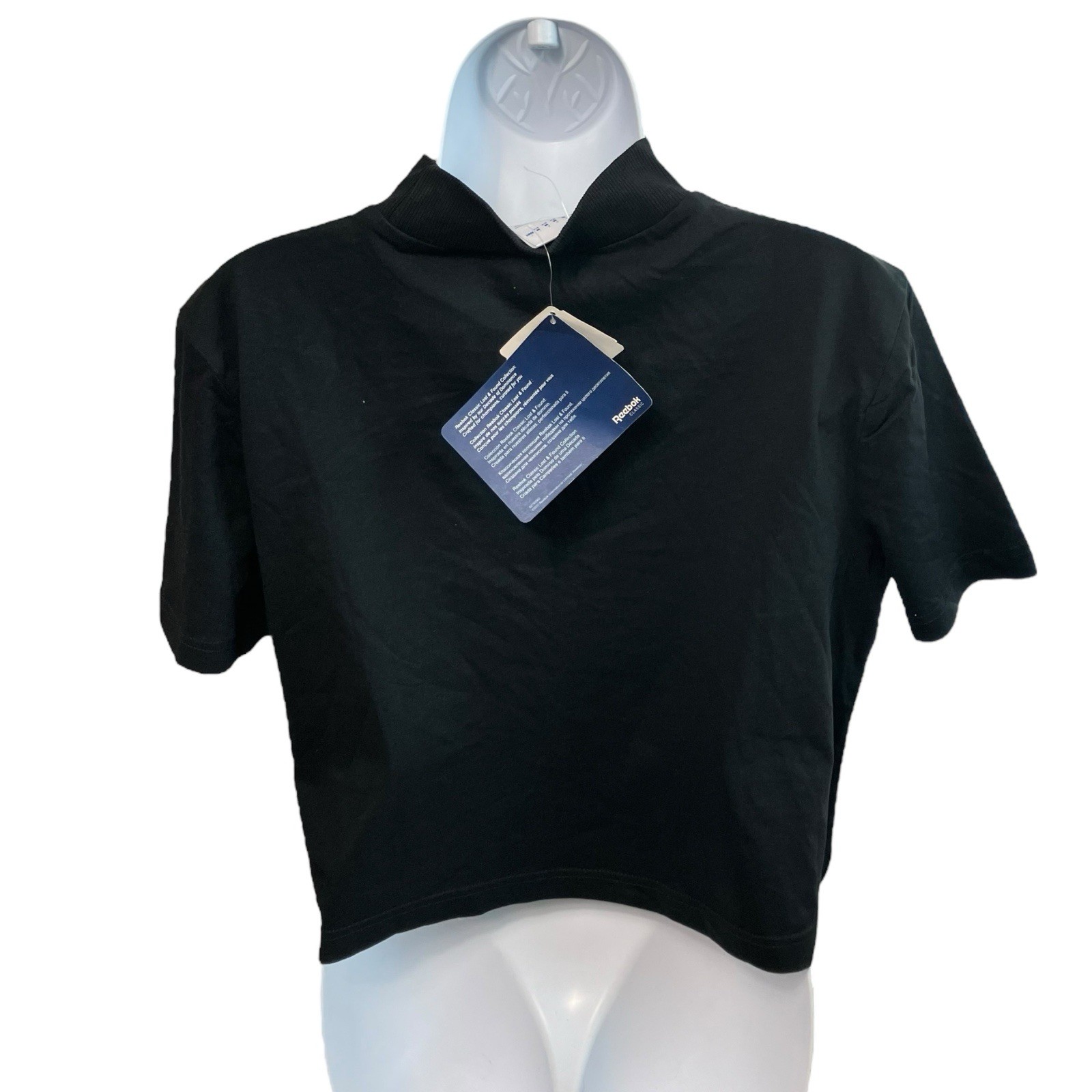 Reebok T Shirt WMNS Black Sporty Mock Neck Athletic Tee Cropped Short Sleeve M