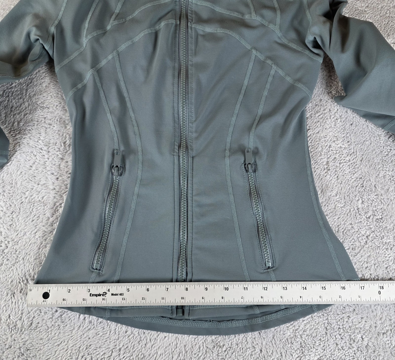 Lululemon Define Jacket Grey Eucalyptus Nulu Full Zip Green Grey Sz 6 16″P2P