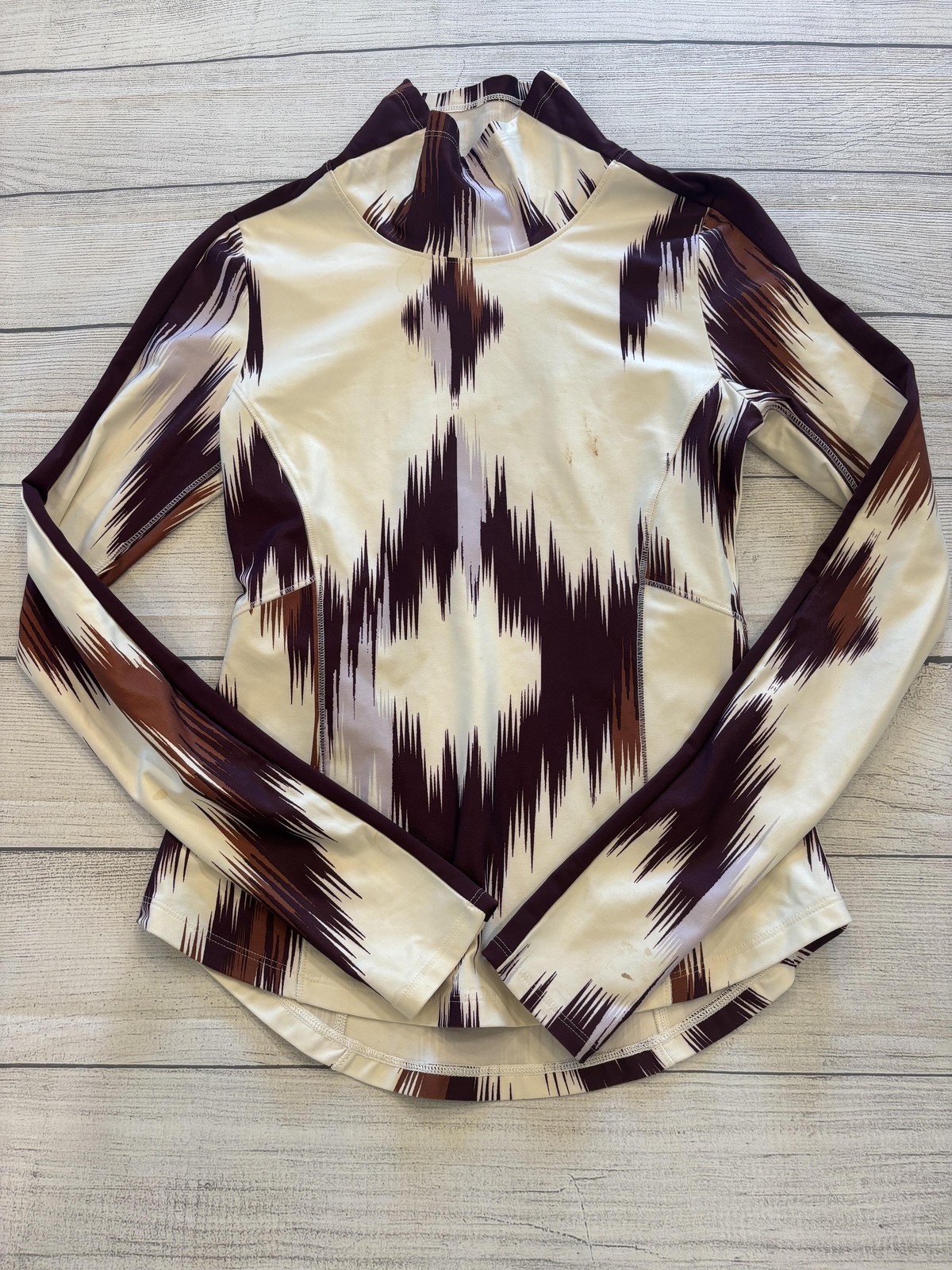 Calia Shirt Womens XS Cream Brown Purple Ikat Print Long Sleeve Pullover Stains
