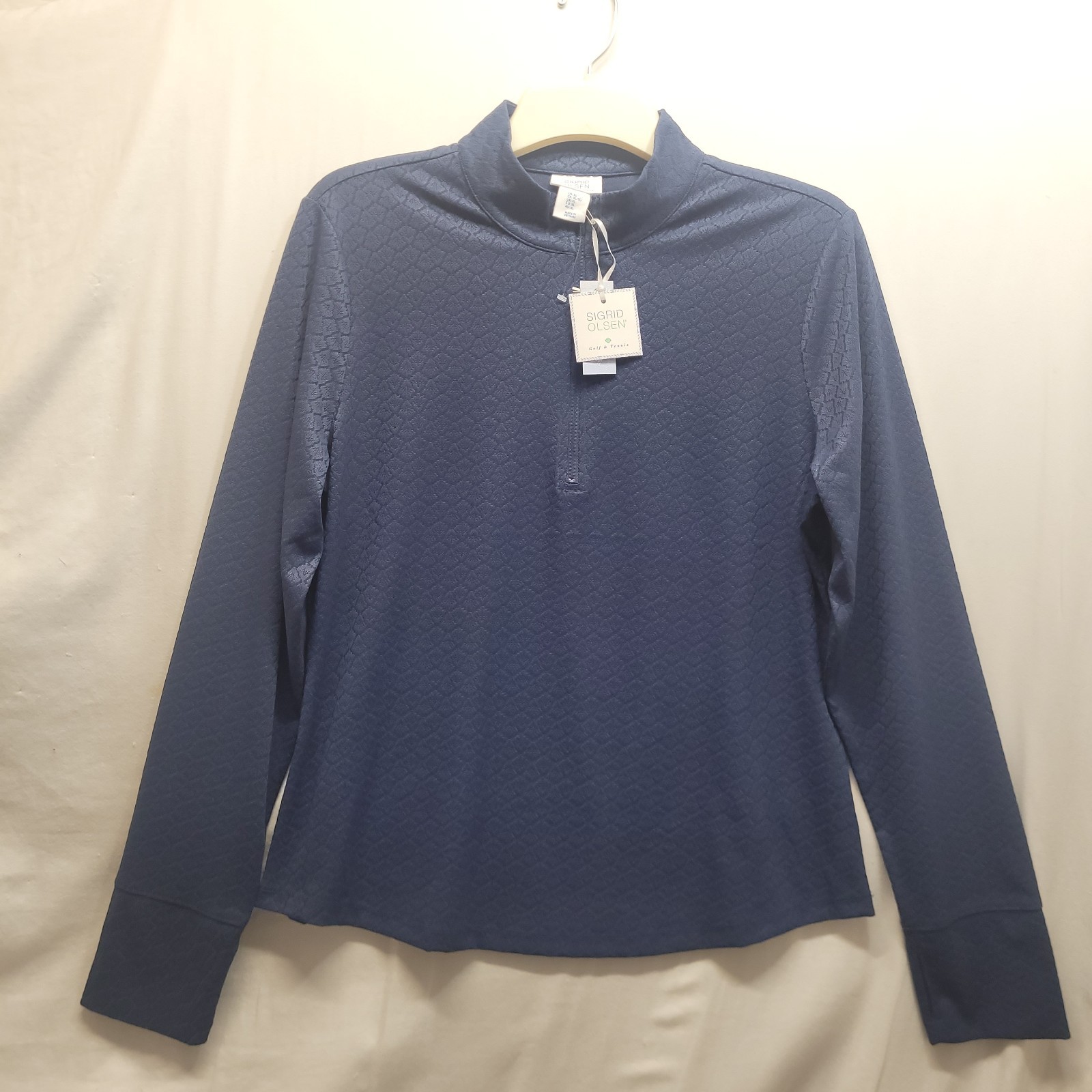 New Sigrid Olsen XL 1/4 Zip Pullover Top Blue Textured L-Slv Golf Tennis UPF 50