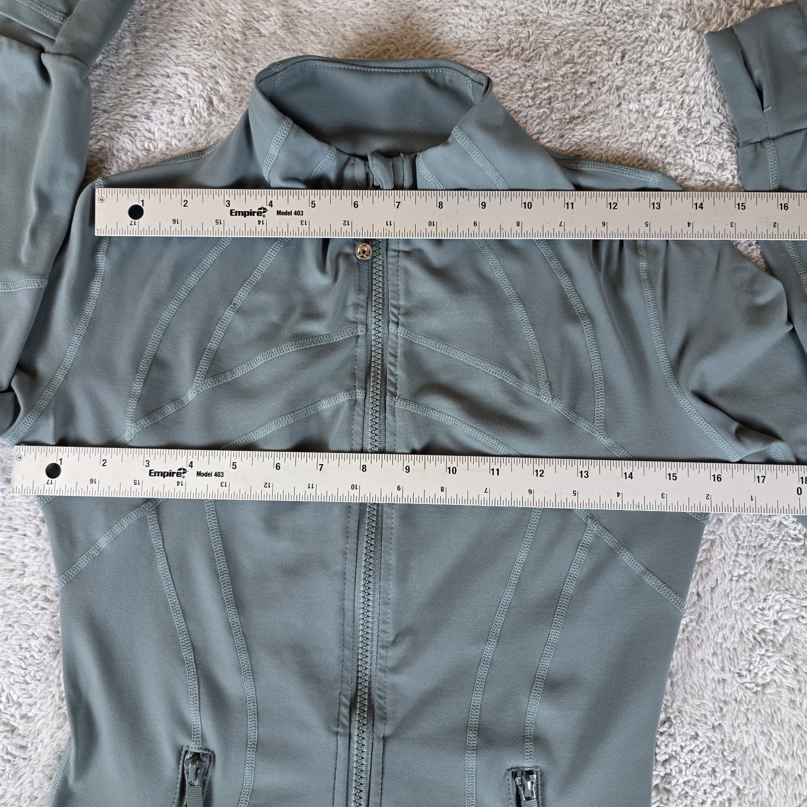 Lululemon Define Jacket Grey Eucalyptus Nulu Full Zip Green Grey Sz 6 16″P2P