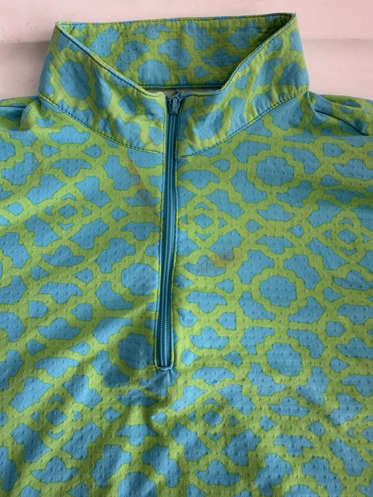 ICIKULS Geometric Small 1/4 Zip Pullover Top Blue Green Mesh Long Sleeve Flaw