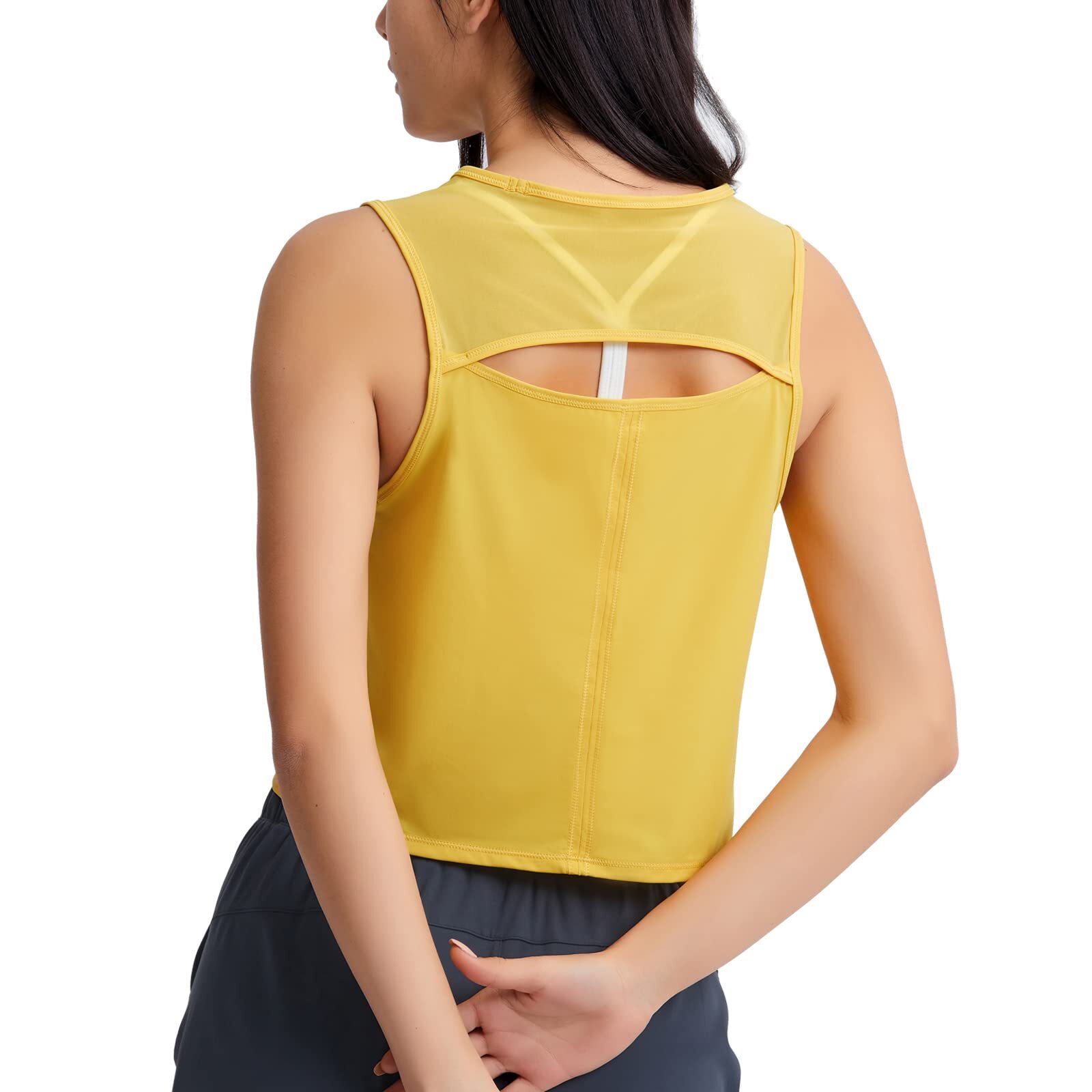 High Neck Open Back Workout Crop Tank Tops for Women(Honey Yellow, Small)