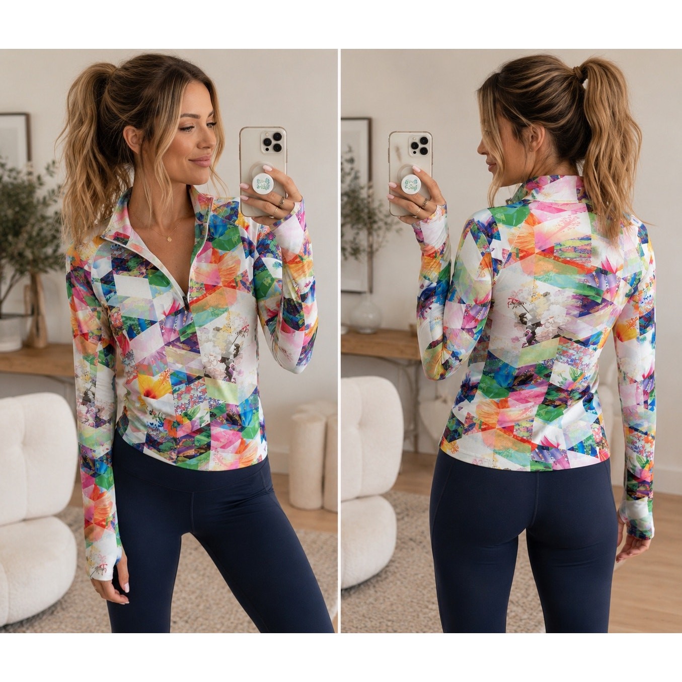 Obermeyer Floral Geometric Quarter Zip Performance Pullover Ski Base Layer Small