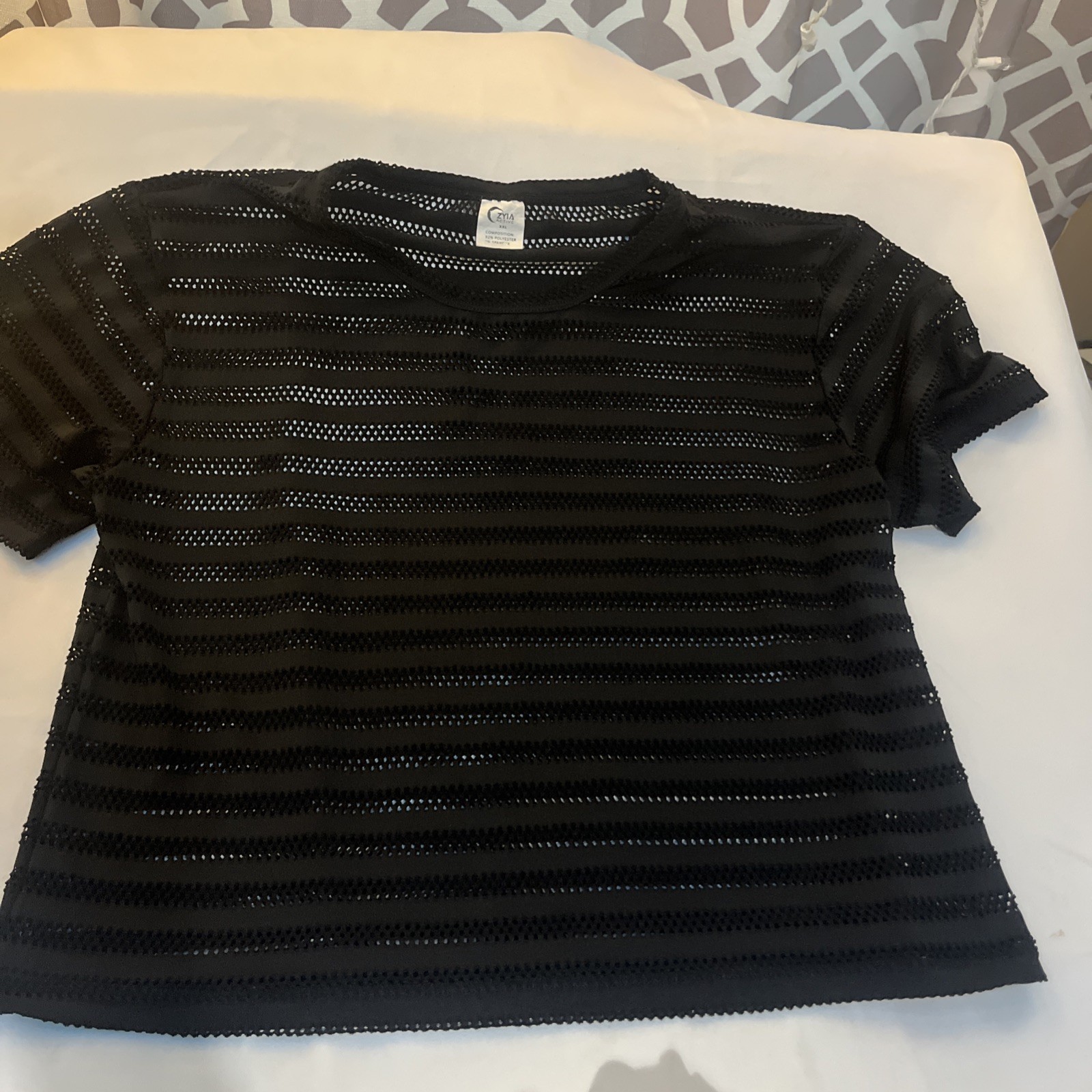 Zyia Active Black Mesh Stripe Short Sleeve Top Crew Neck Workout Shirt Women XXL
