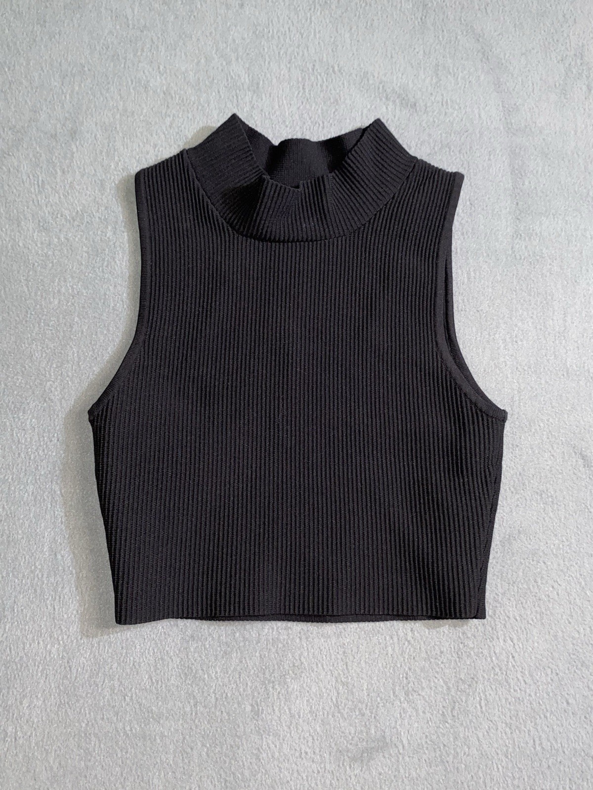Women’s S Ribbed Crop Tank Top Compression Black Mock Neck Athleisure Grunge