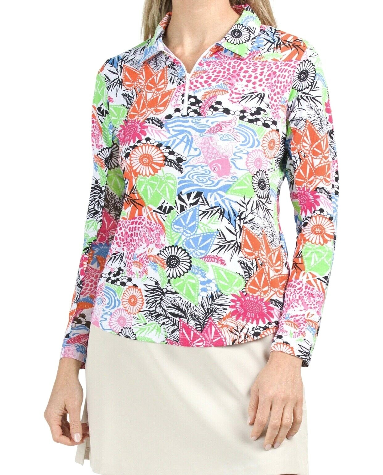 IBKUL Preppy Polo Top Size XS Bamboo Garden Animal Koi Fish Golf Tennis PB New