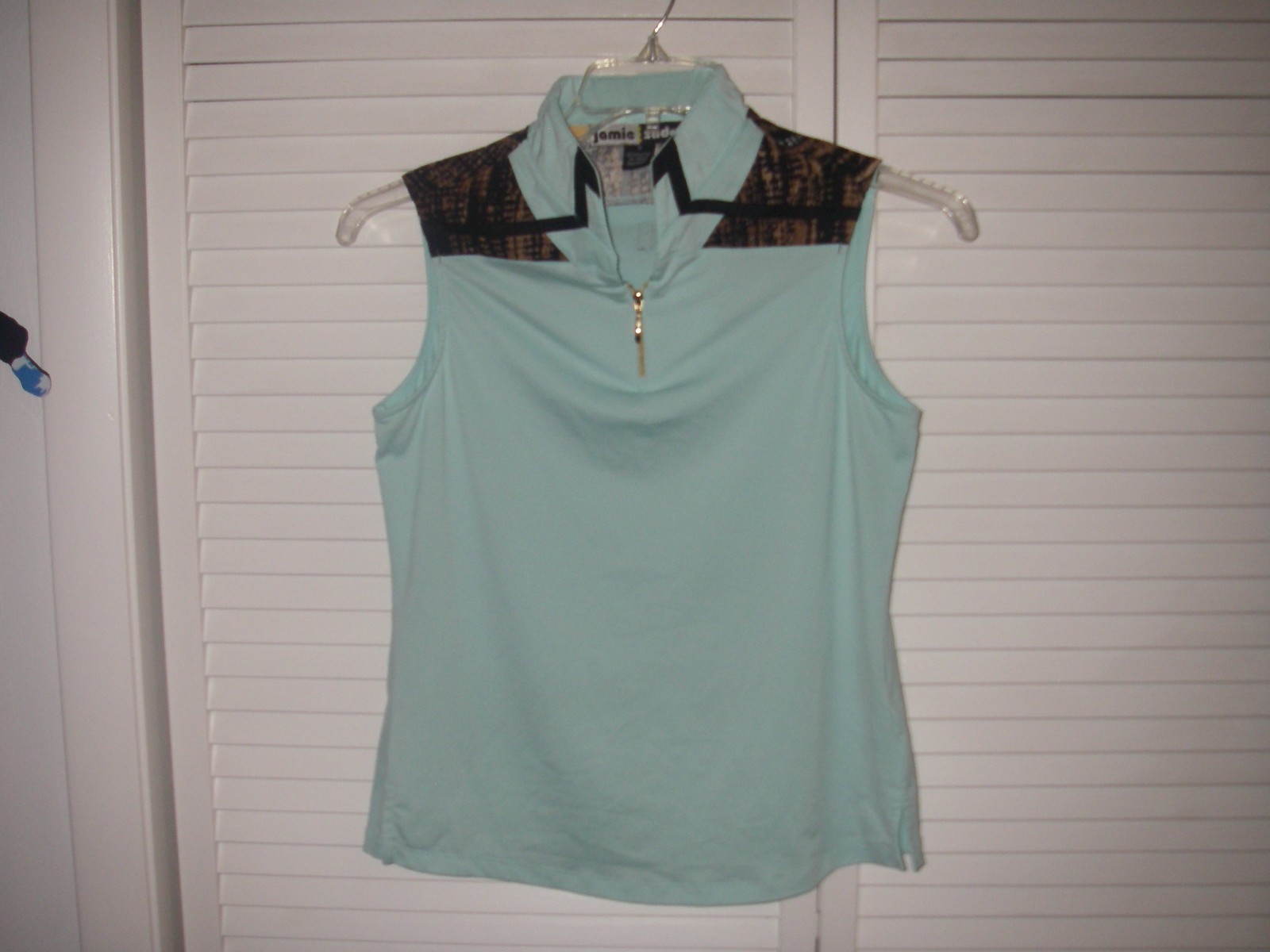 JAMIE SADOCK LOGO SLEEVELESS AQUA/BROWN 1/4 ZIP GOLF TOP SZ S POLY/SPANDEX EUC