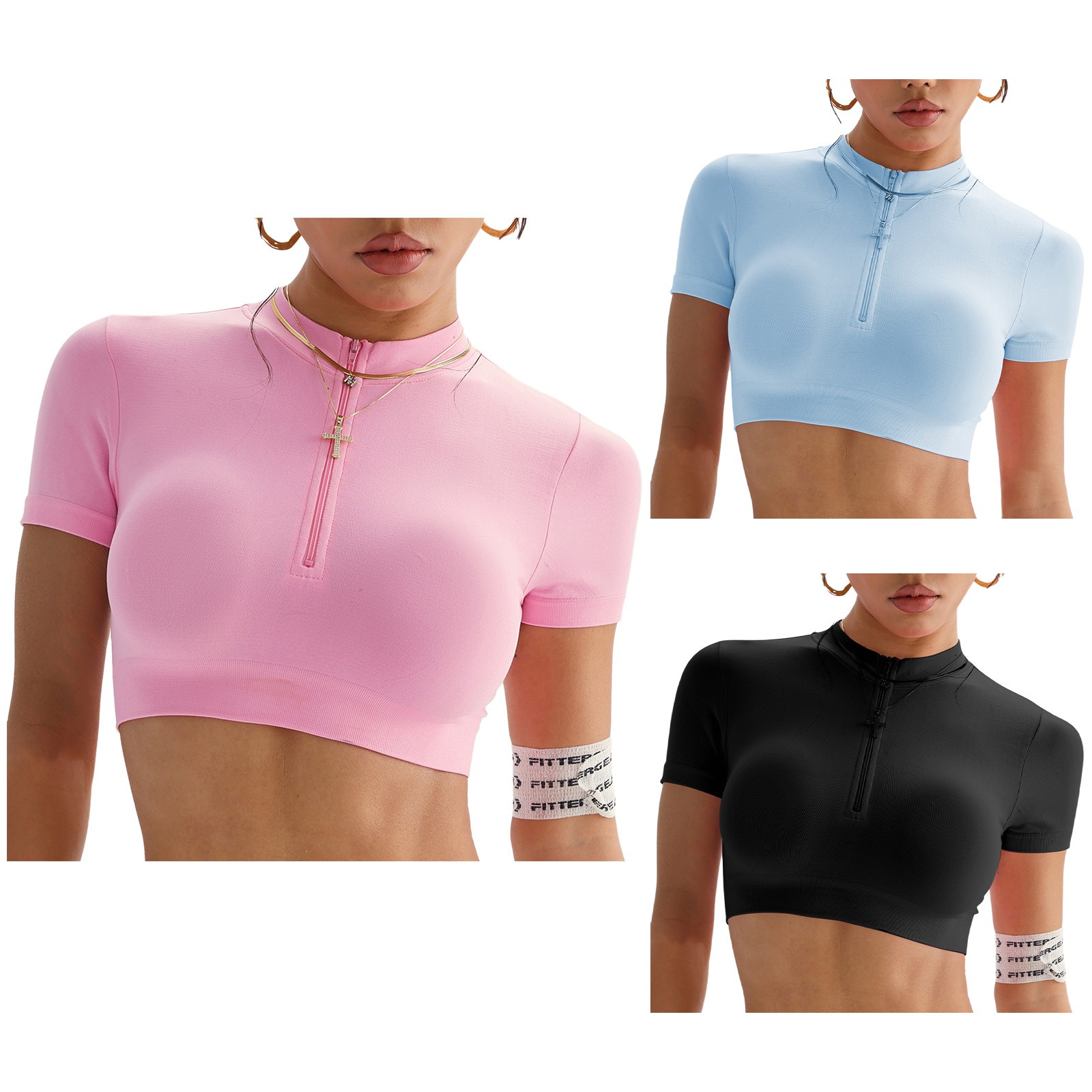 Women Athletic Stretchy Workout Bodycon Crop Top Seamless Tee Fitness Half-Zip