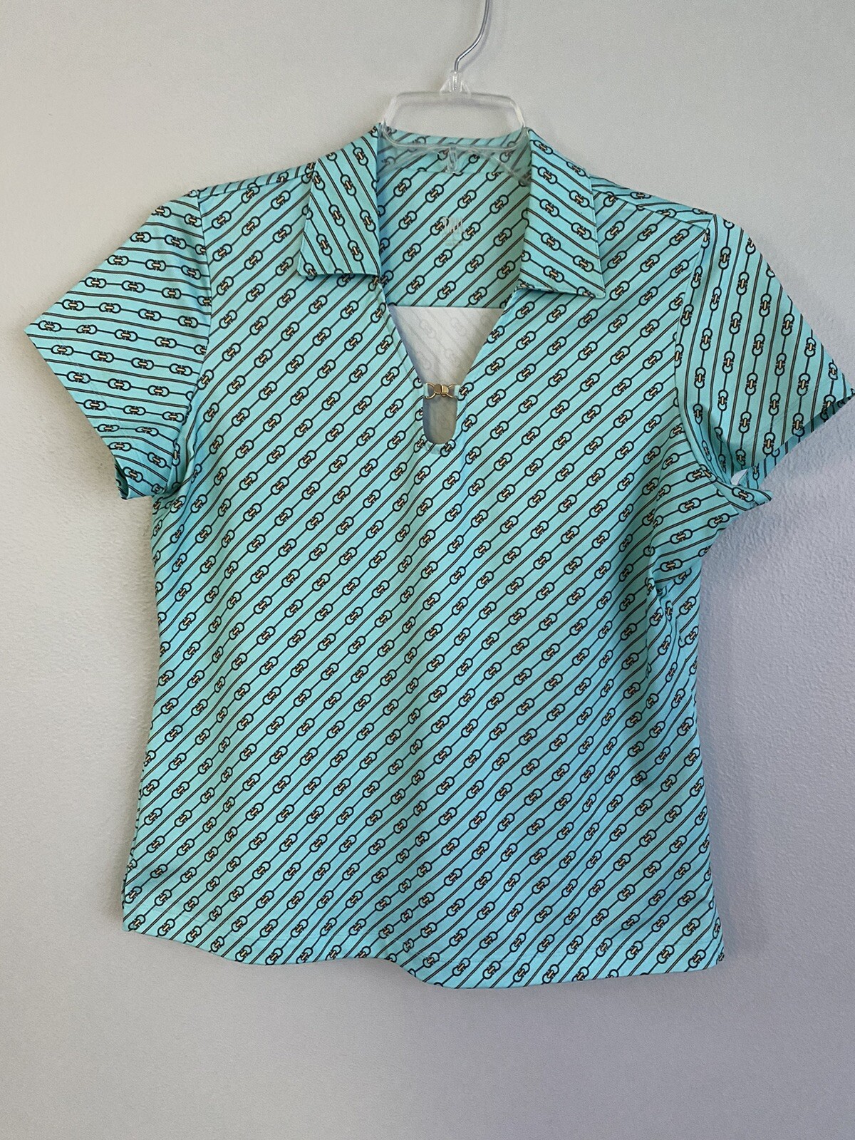 Tail Activewear Womens Size L Turquoise Blue Equestrian Link Print Golf Shirt