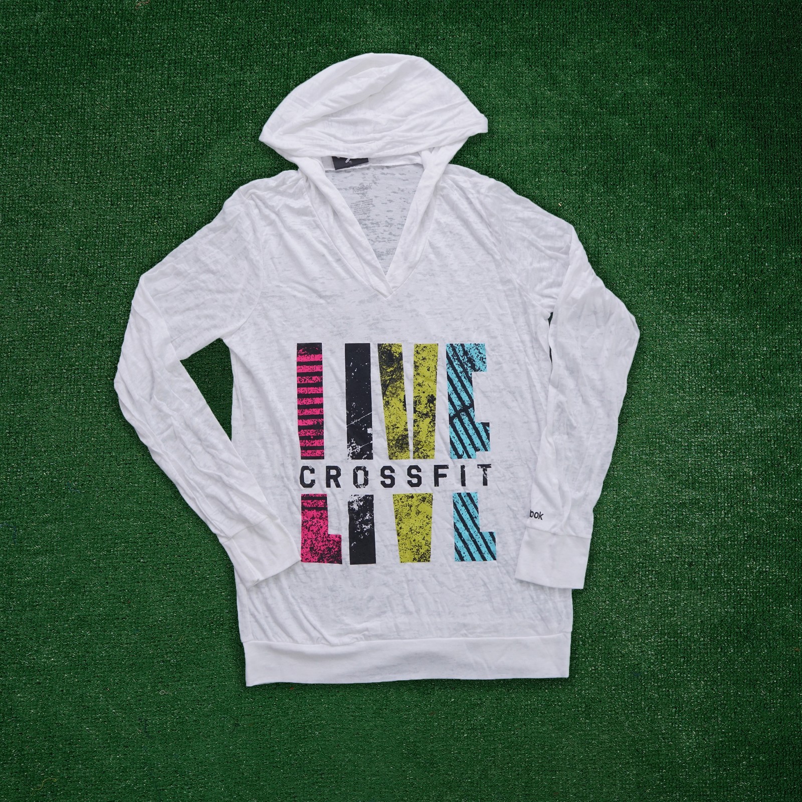 Reebok Women’s Crossfit “LIVE” (White) Burnout Long Sleeve Hooded T-Shirt