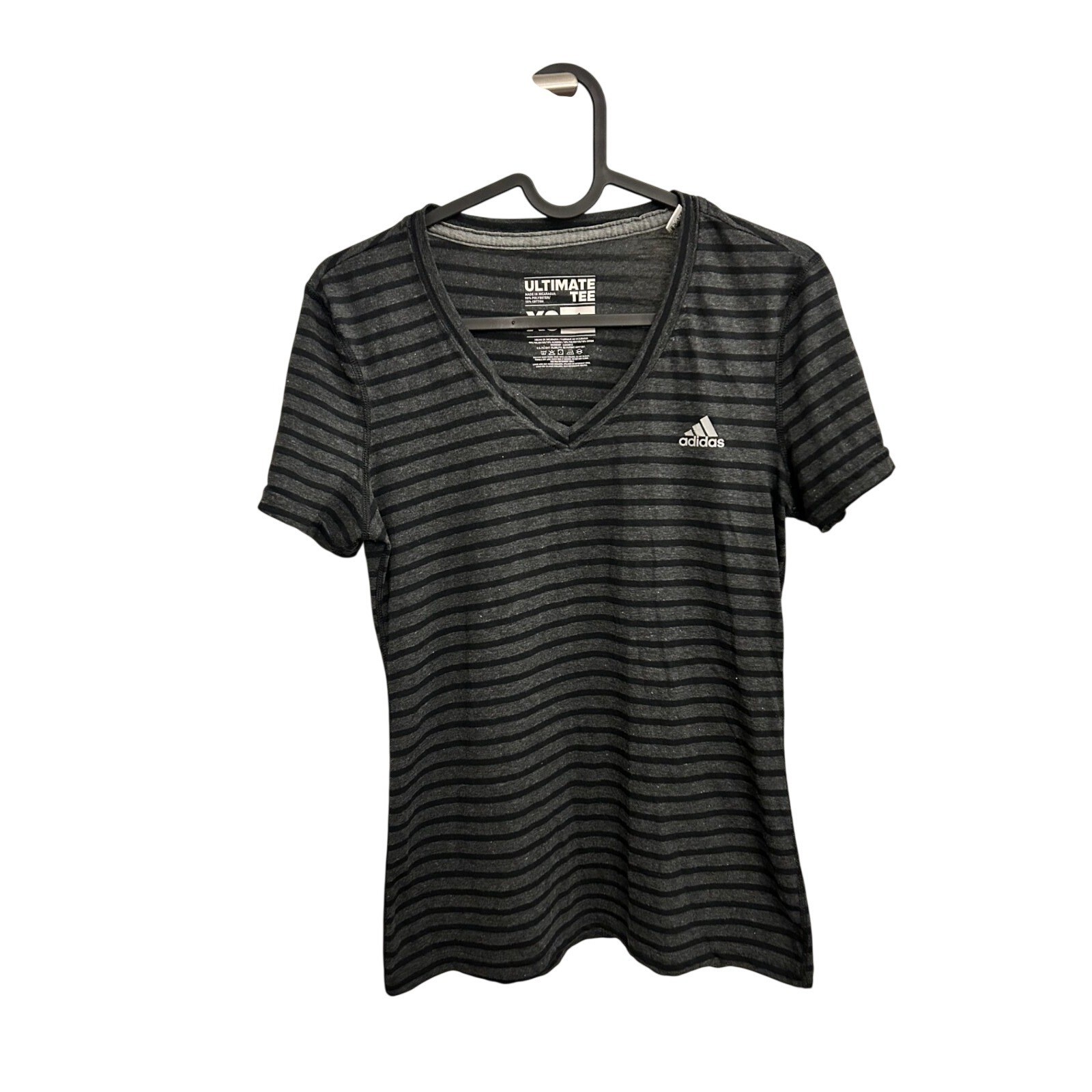 Adidas Ultimate Tee Womens XS Grey Black Striped V-Neck Short Sleeve Excellent