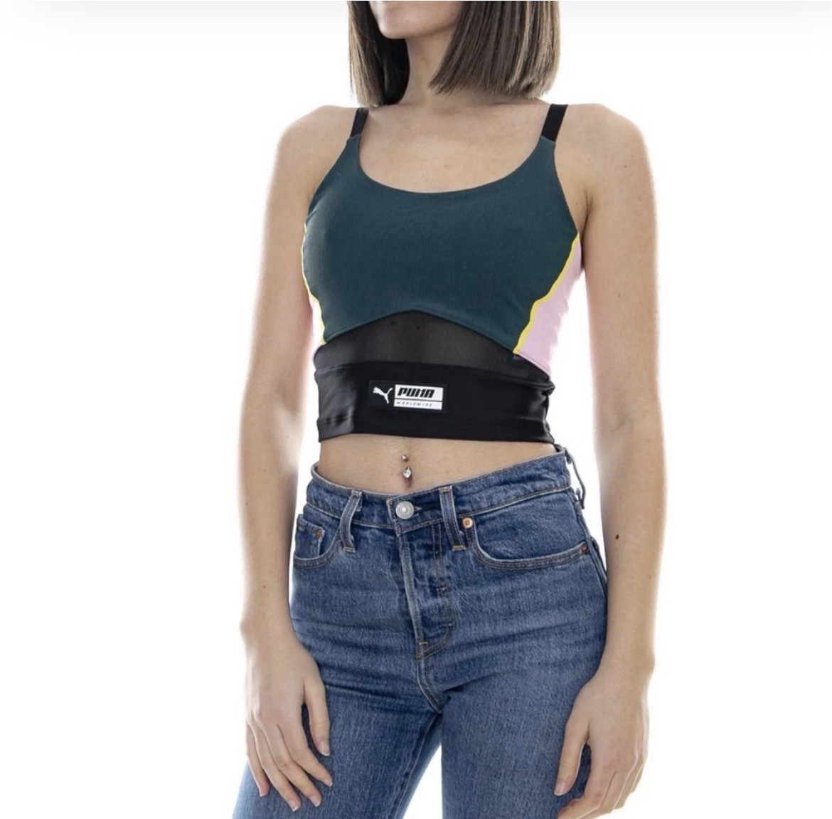 Puma Women’s TZ Crop Top Green, Pink & Black Size Medium Sheer Mesh Band