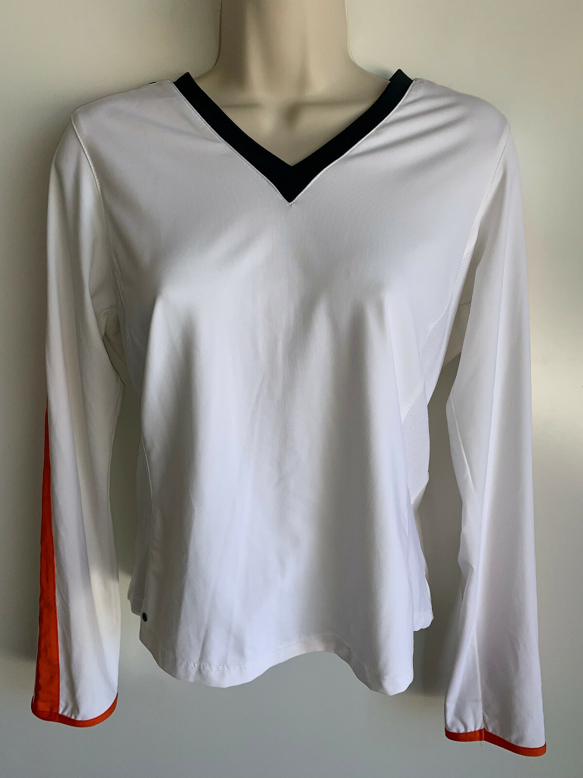NWT TAIL TECH Performance V-Neck White Orange/Navy Long Sleeve Top ~SMALL