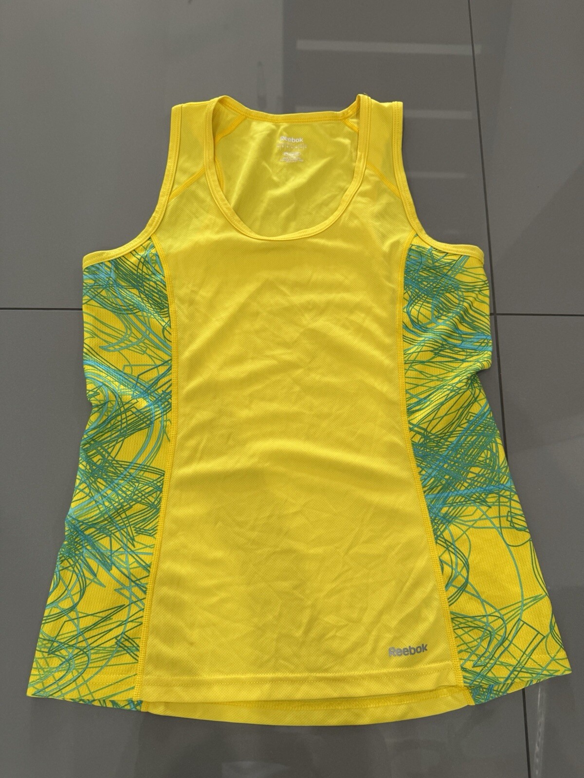 Reebok Play dry yellow W/ Blue Green athletic tank top women’s sz S
