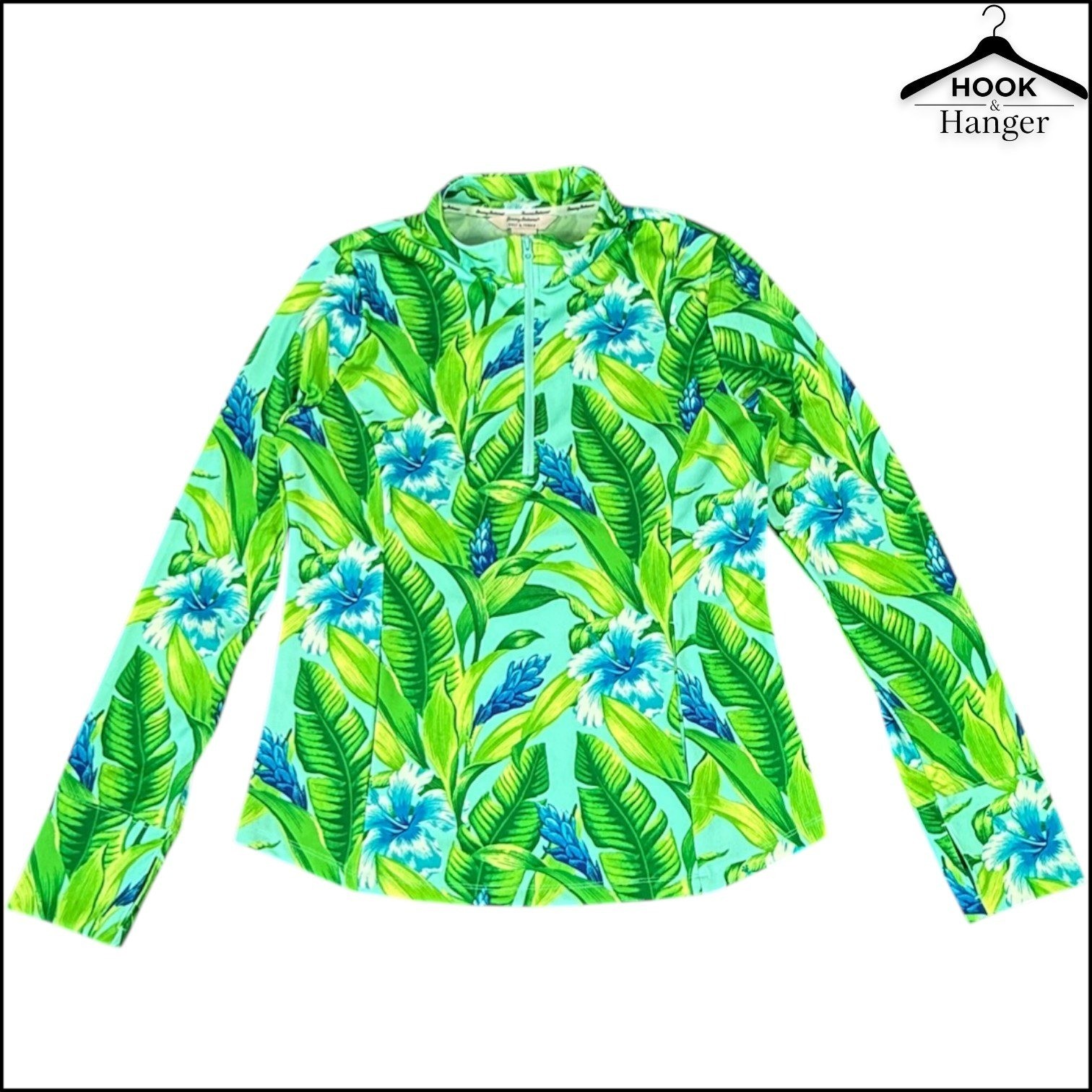 Tommy Bahama Golf Tennis L Freeport Tropical Green Blue Mock Zip Popover Shirt