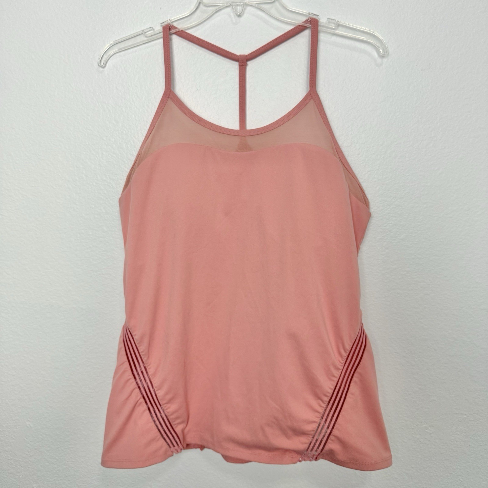 Fabletics Large Tank Top Built in Bra Pink Peach Racerback Fitted Mesh Pilates