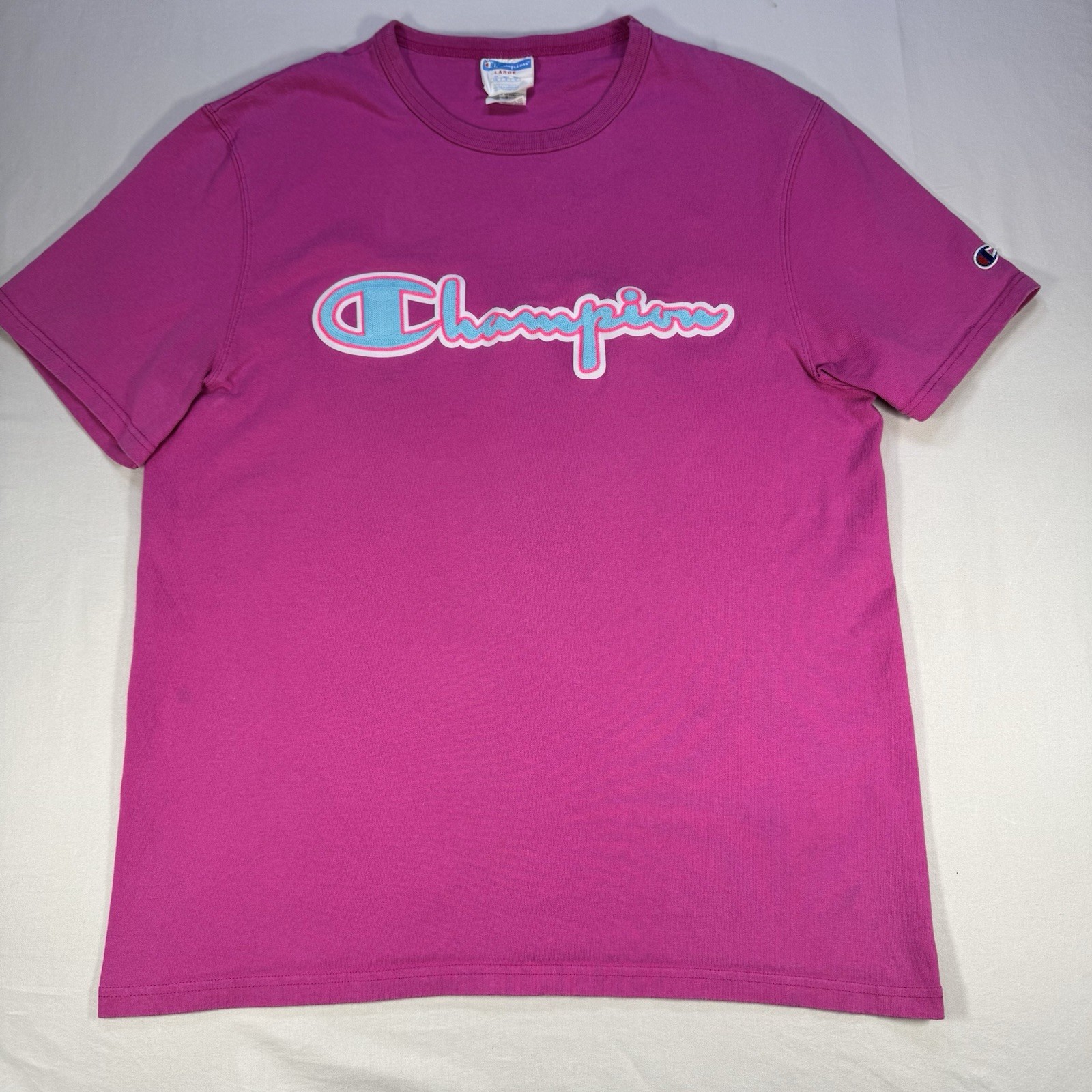Champion Women’s Magenta Logo T-Shirt L Pink Blue 3D Script Y2K Streetwear