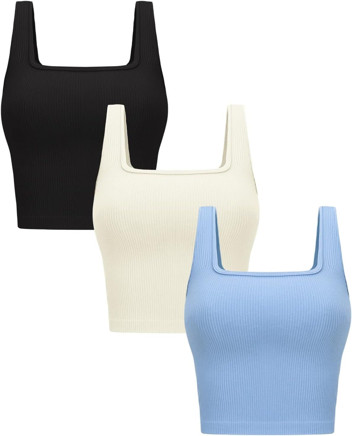 Womens 3 Pack Crop Tank Tops Basic Seamless Ribbed Sleeveless Square Neck Top
