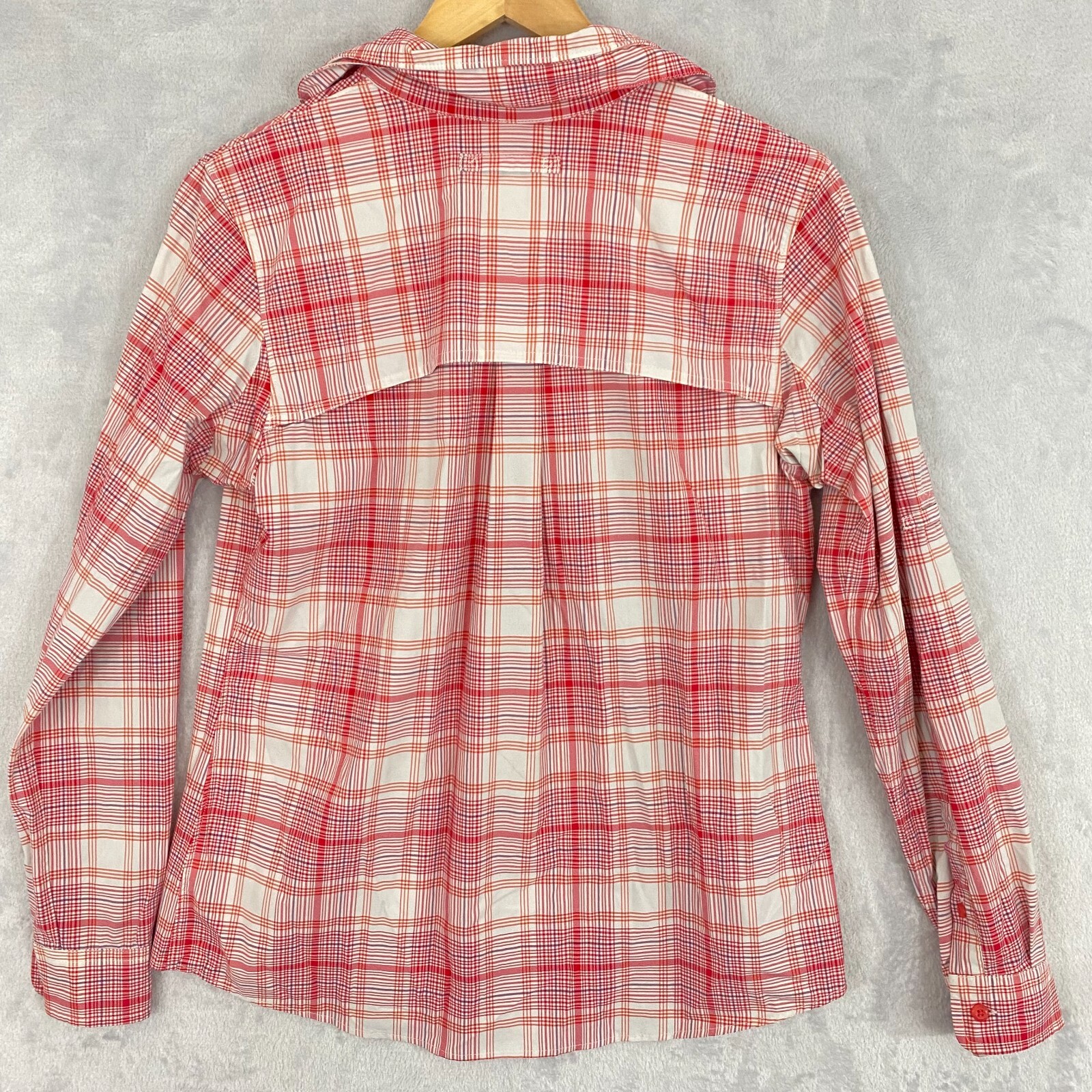 Duluth Trading Lightweight Button Up Shirt Womens Sz Small Red Pink Plaid Hiking