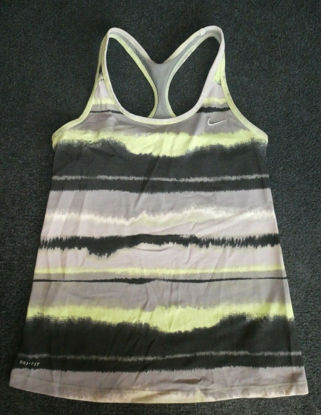 Nike Dri-Fit women’s green/gray/black print racer-back sports bra top Sz M