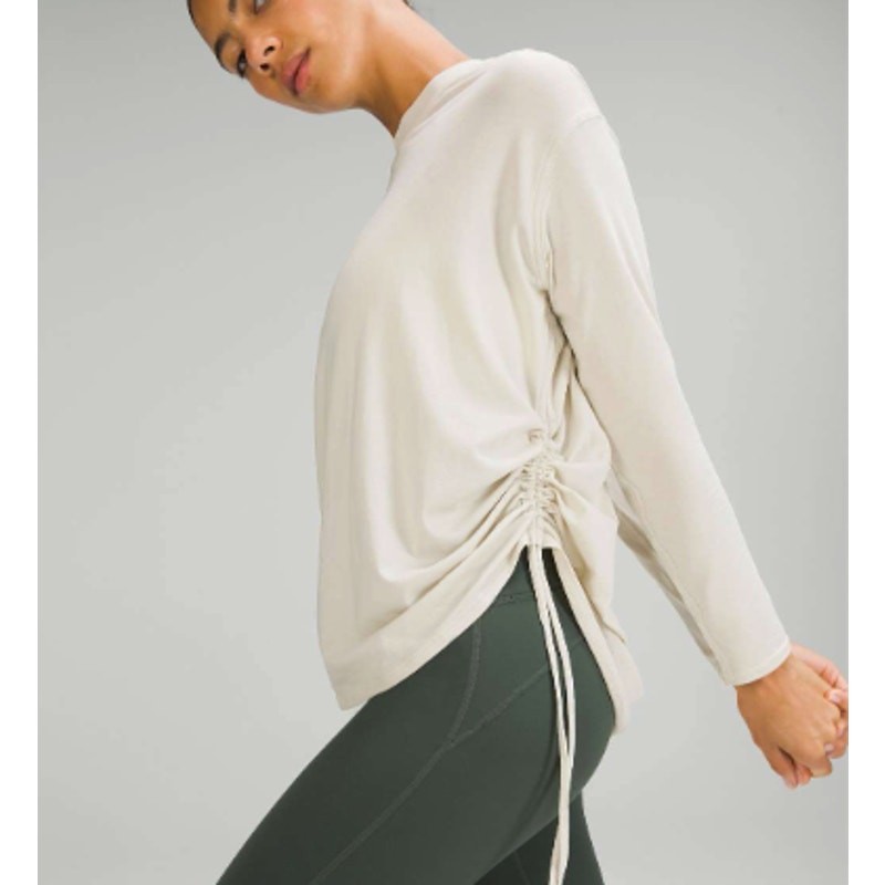 Lululemon Side Cinch Long Sleeve Crewneck Top Beige Modal Blend Relaxed Size 10
