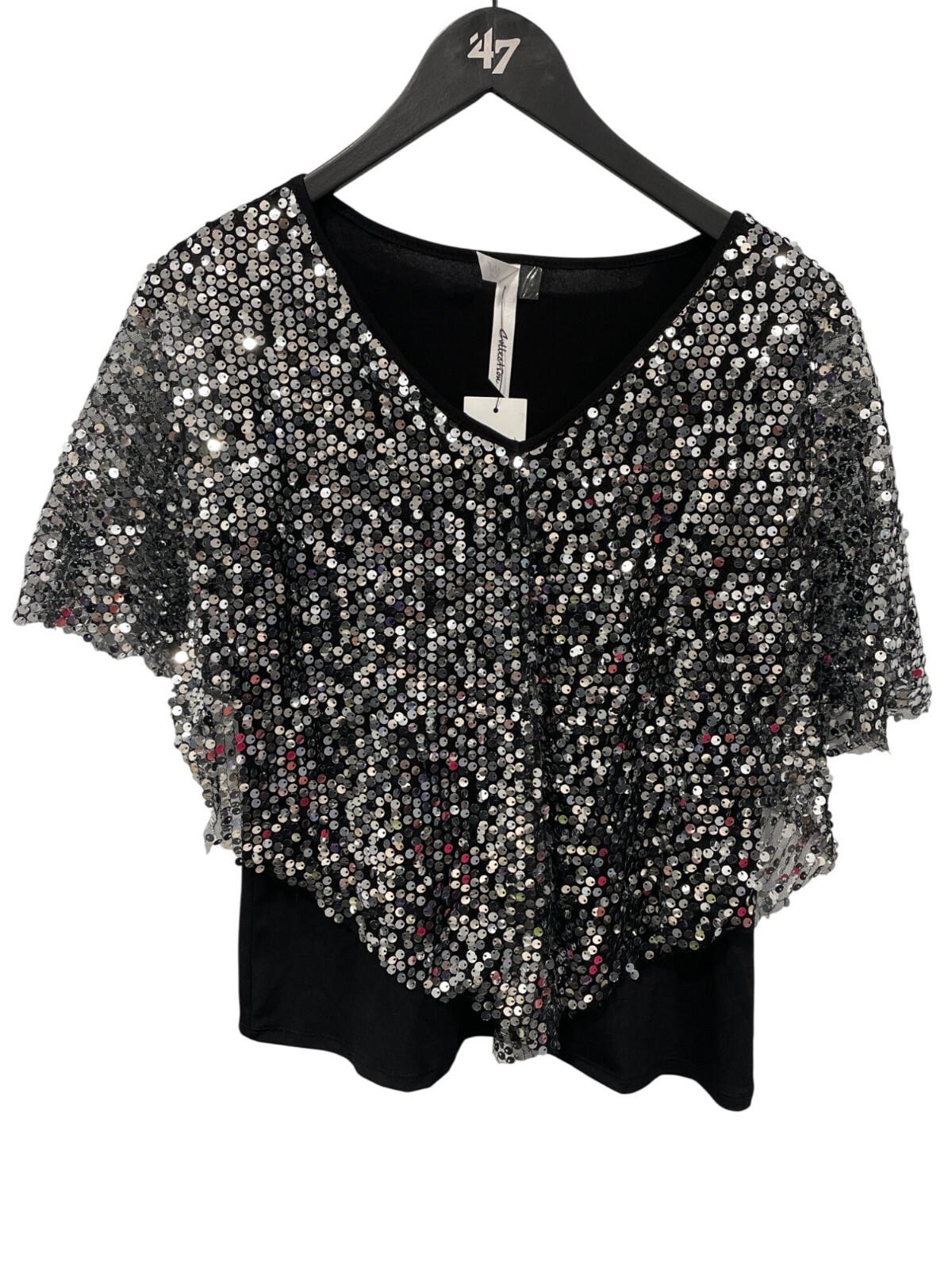 NY Collection Sequin Overlay Poncho Top Women Small Black Silver Party Disco NEW
