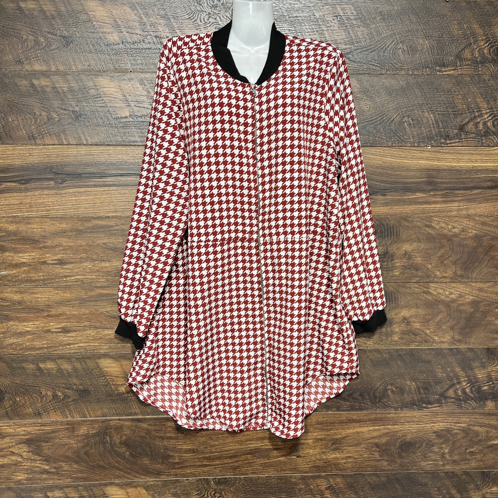 Shein Womens Zip Long Sleeve Top Houndstooth Red White