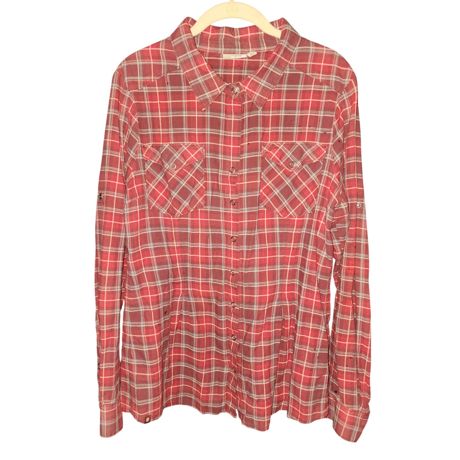 Athleta Tioga Women’s Red Plaid Pleated Bottom Shirt, Size M/L