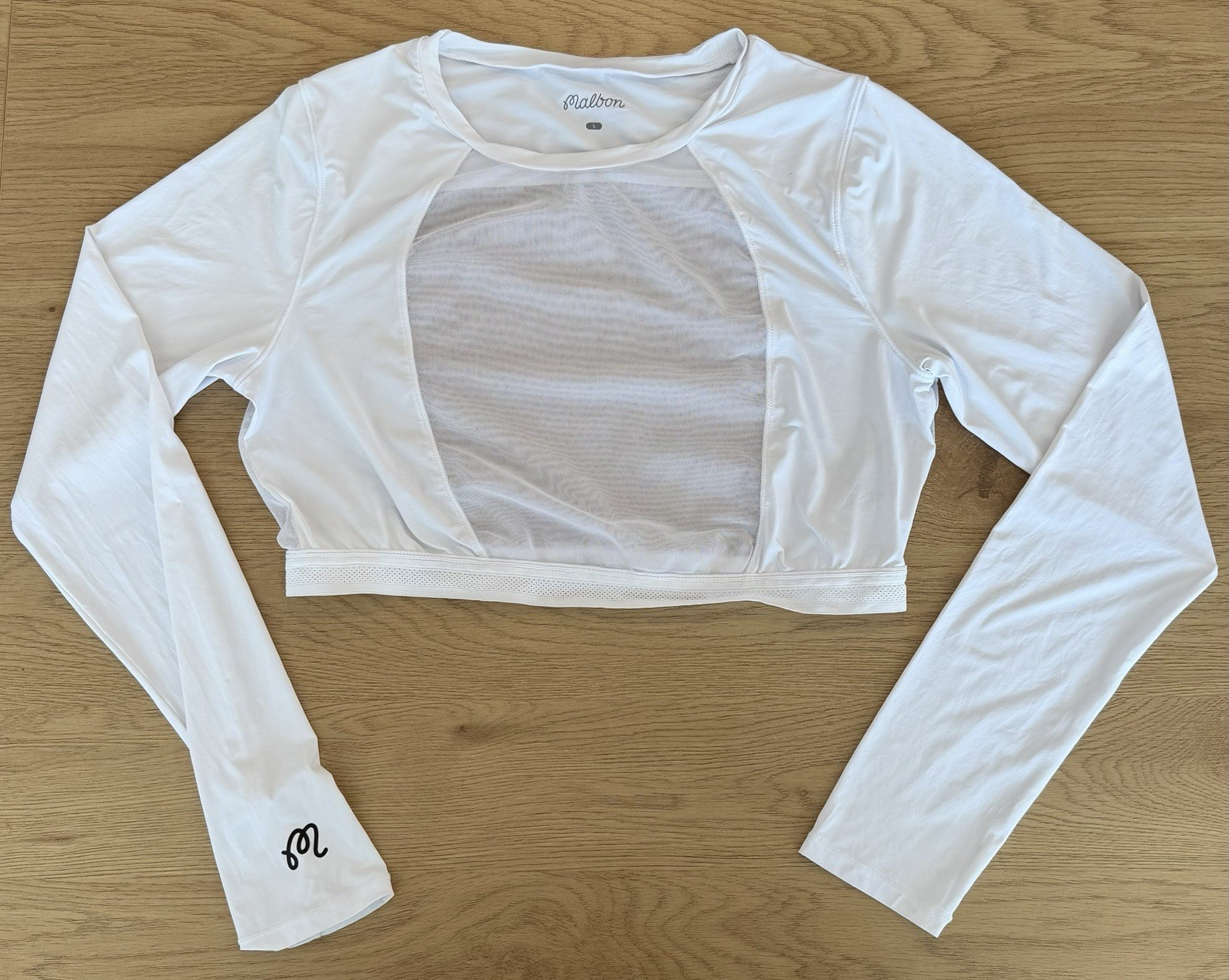 Malbon Women’s White Mesh Cropped Long Sleeve Cover Top Mesh Athletic Size Large
