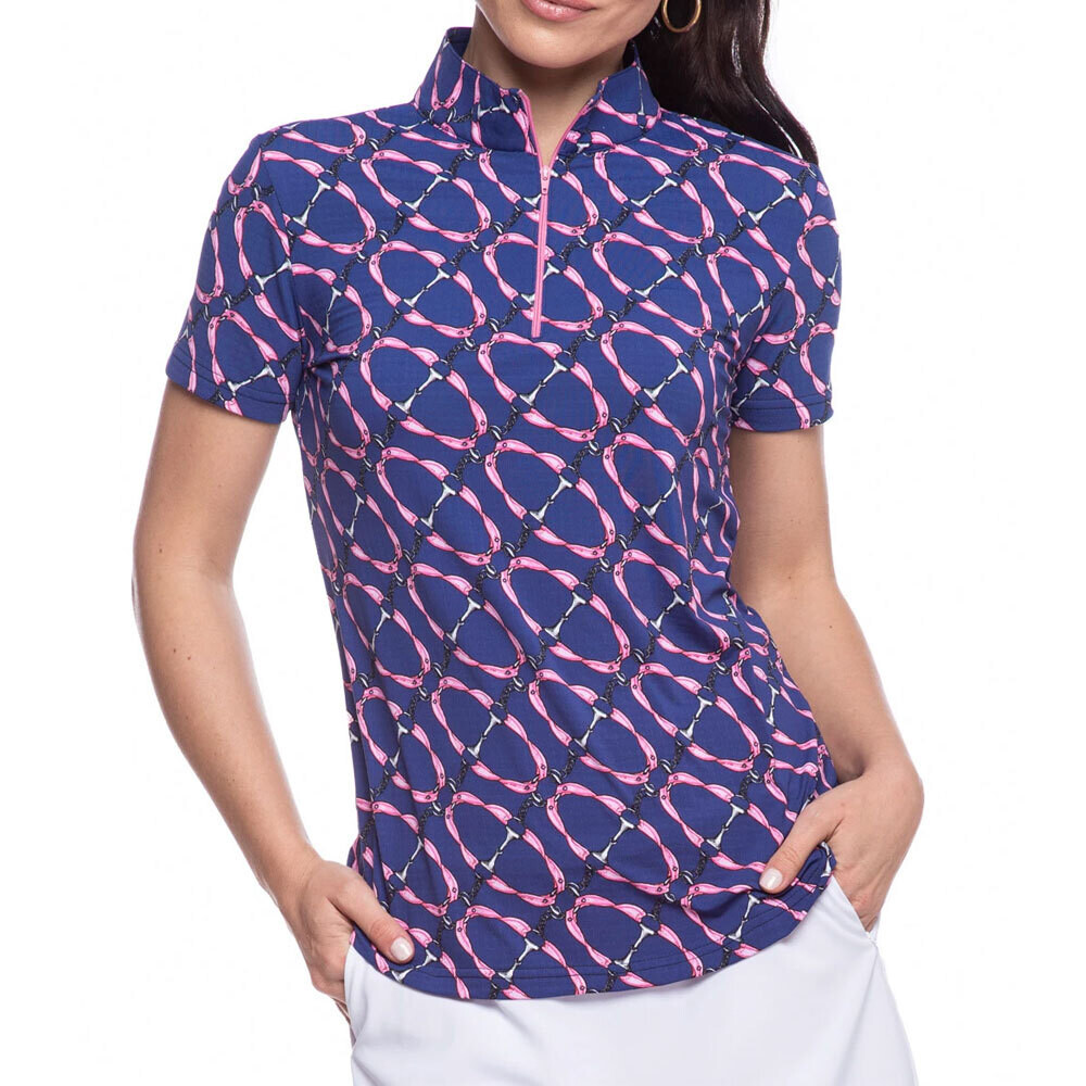 NWT IBKUL BITTY NAVY BLUE & PINK Short Sleeve Mock Golf Shirt XS M L XL & XXL