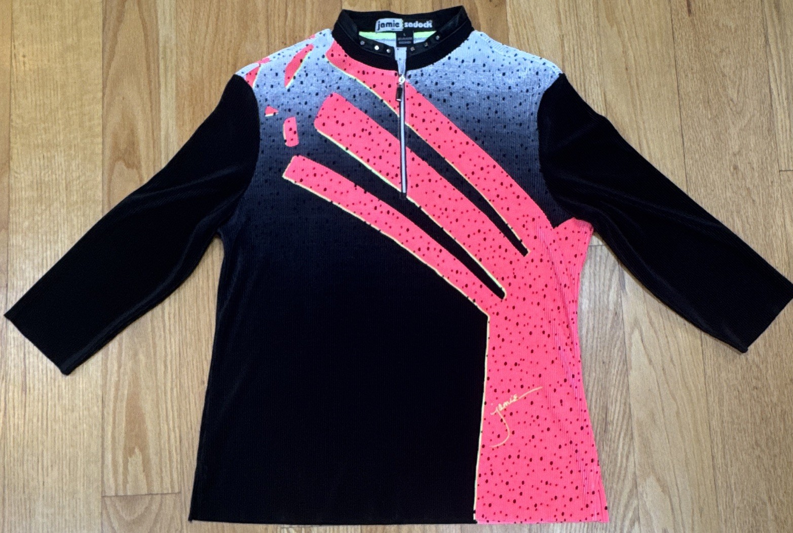 Jamie Sadock Geometric Knit Golf Polo Black/Pink/Gray L Mock Neck 1/4 Zip