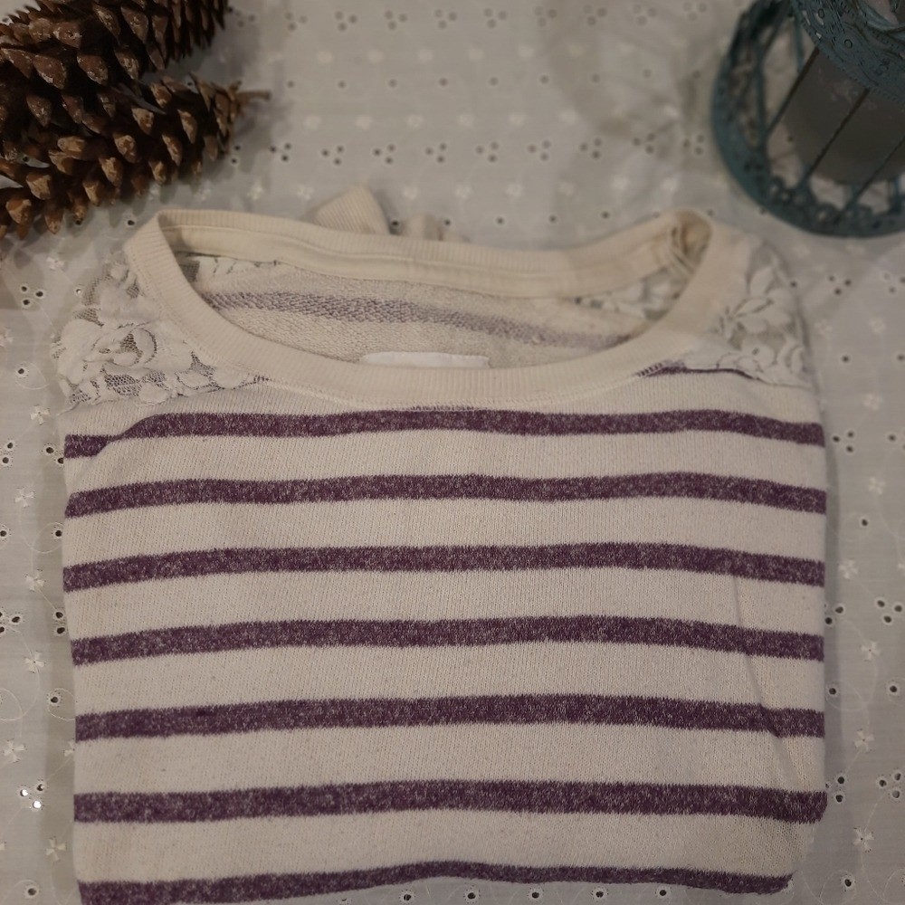 Y2K Aeropostale Cream & Purple Stripe Long Sleeve Crop Sweatshirt Size Large i64