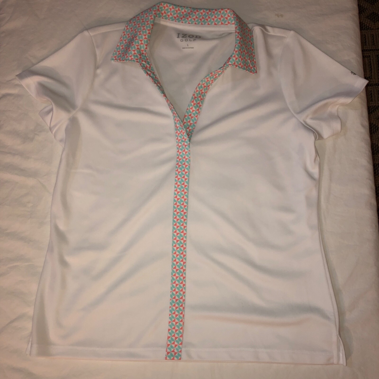 IZOD GOLF / TENNIS Womens Polo Shirt-White with Teal/Pink – Short Sleeve Size L