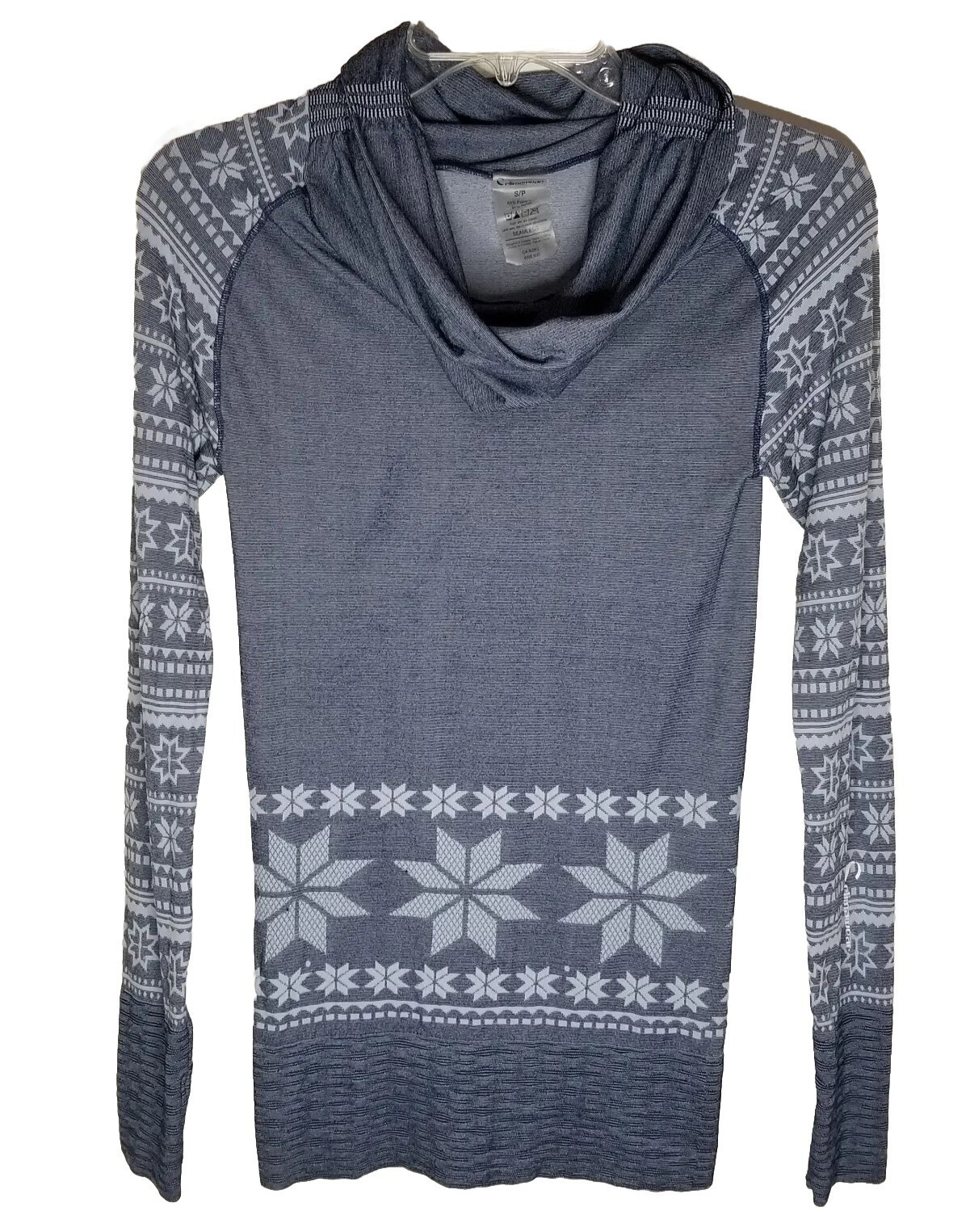 Climawear Seamless Top Womens S Cowl Neck Active Wear Base Layer Blue Fair Isle
