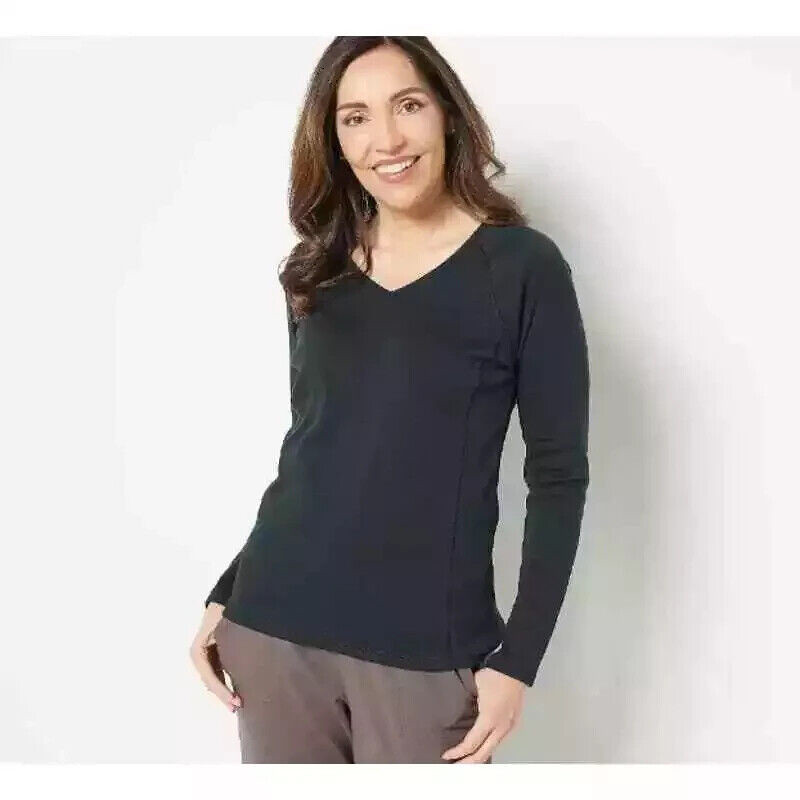 Sport Savvy Interlock V-Neck Long Sleeve Top Coverstitch M Black