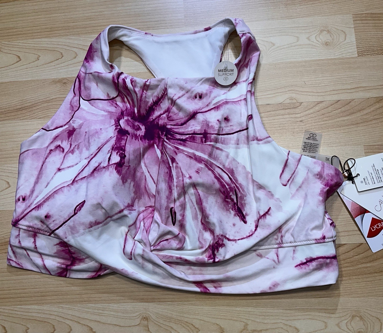 CALIA Medium Support Sports Bra 1X Pink White Floral Long-Line Odor Control