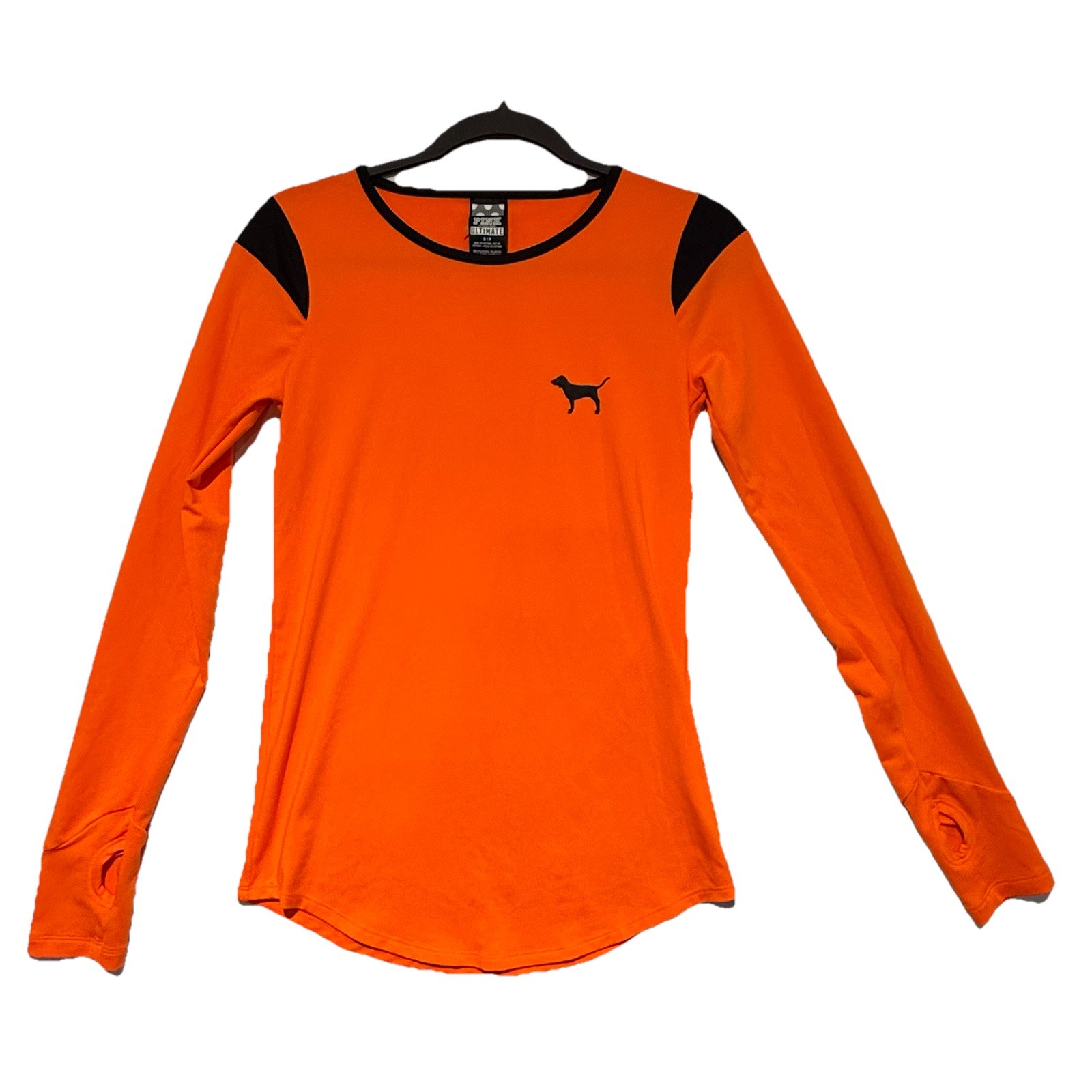 Victoria Secret PINK Ultimate Shirt S Athletic Top Stretch Thumb Hole Orange Dog