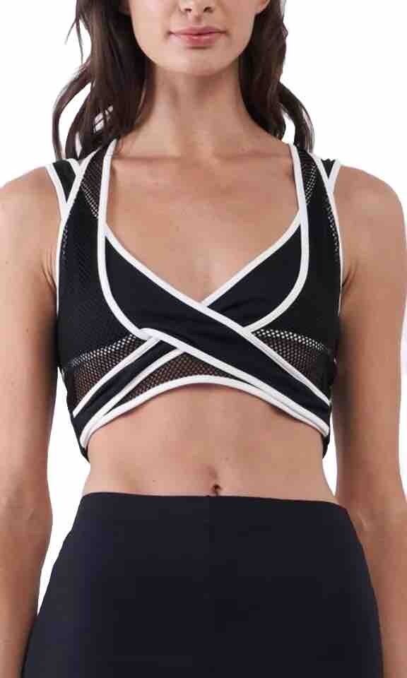 Casual Black White Trim Active Wear Crop Cleage Top Net Trim New M Yoga Work Out