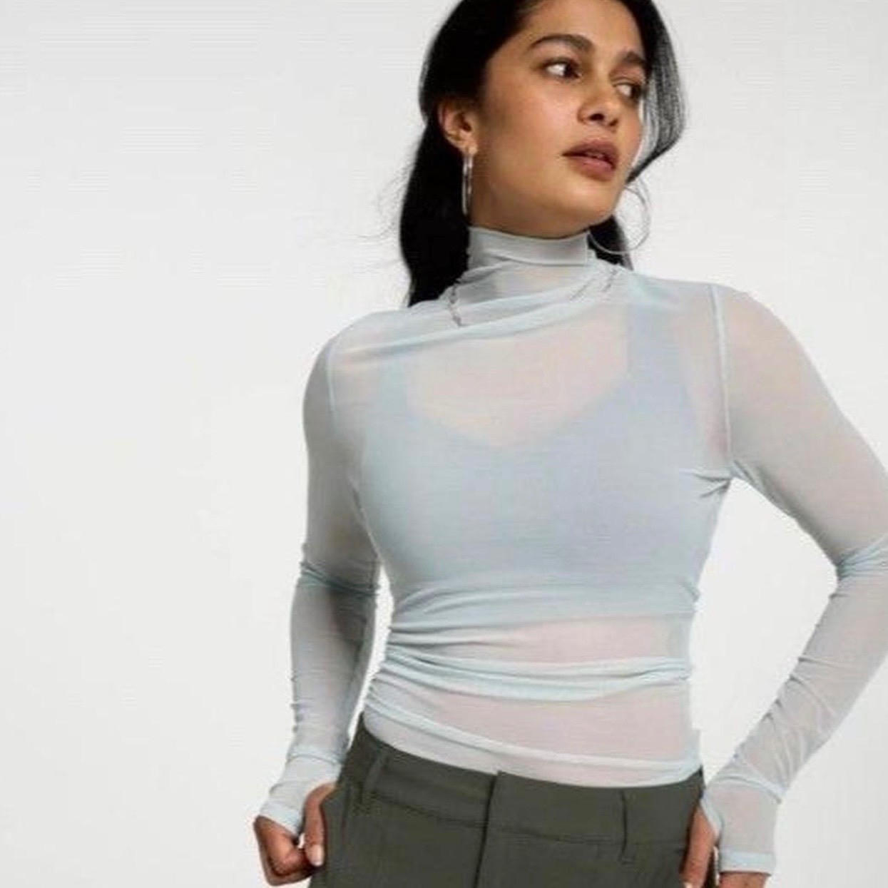 CALIA Draped Funnel Long Sleeve Mesh Top Smoked Turquoise Womens Medium NWT