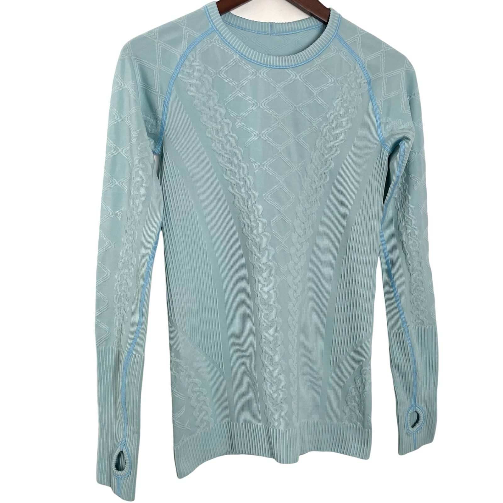 Lululemon Rest Less Pullover Shirt 4 Caspian Aqua Blue Cable Knit Long Slv Top