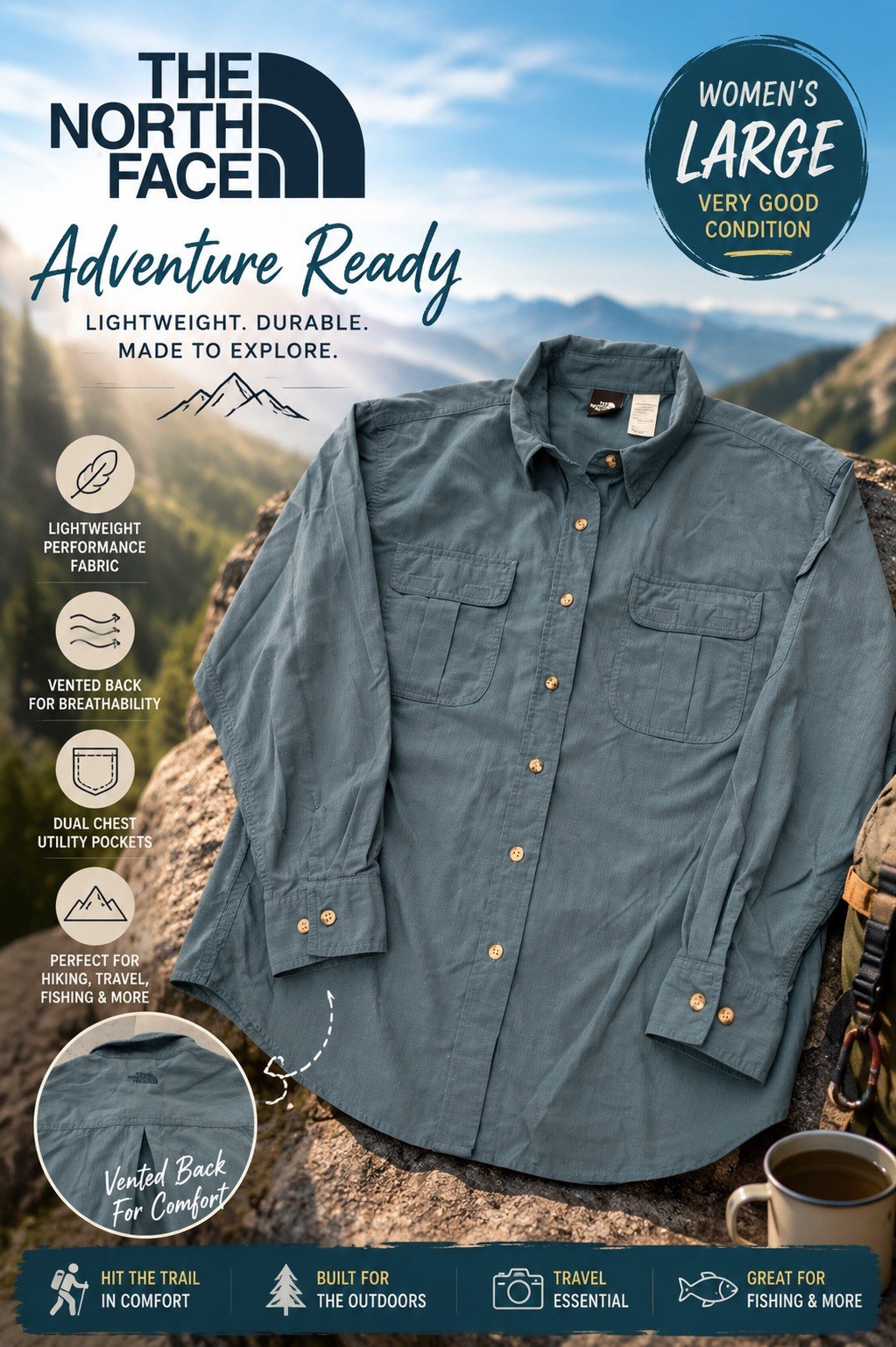 The North Face Women’s Long Sleeve Outdoor Shirt Size Large Blue Hiking Fishing
